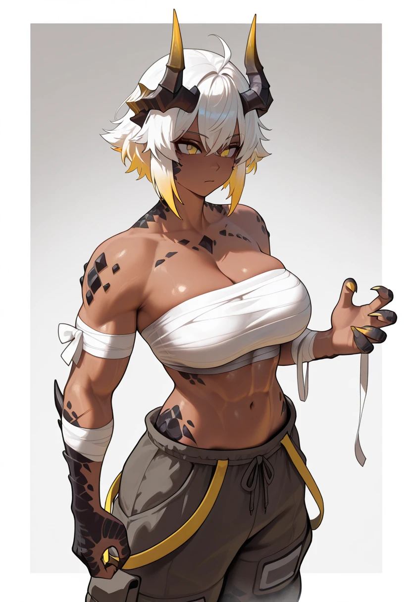 Alone human, Female, fantasy race, large breasts, leather bikini, hunter woman, white hair, standing, dark skin, cat ears, cat tail, tribal tattoo