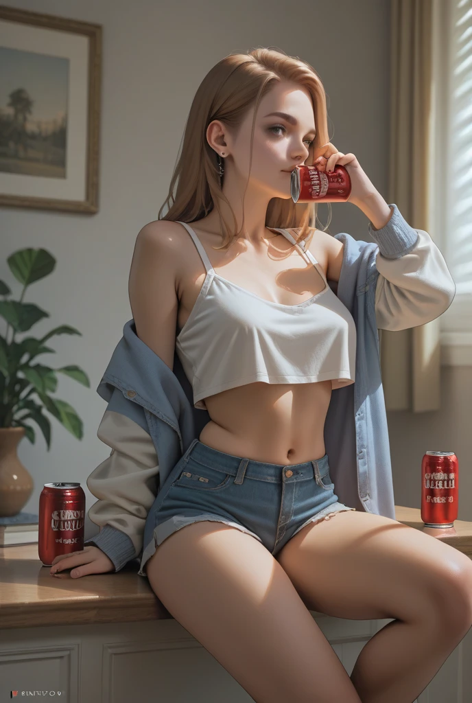 Une femme influenceuse. Air innocent. rousse avec des taches de rousseurs. luscious lips. medium chest. rounded butt. Topless sitting on a stool and drinking a beer
