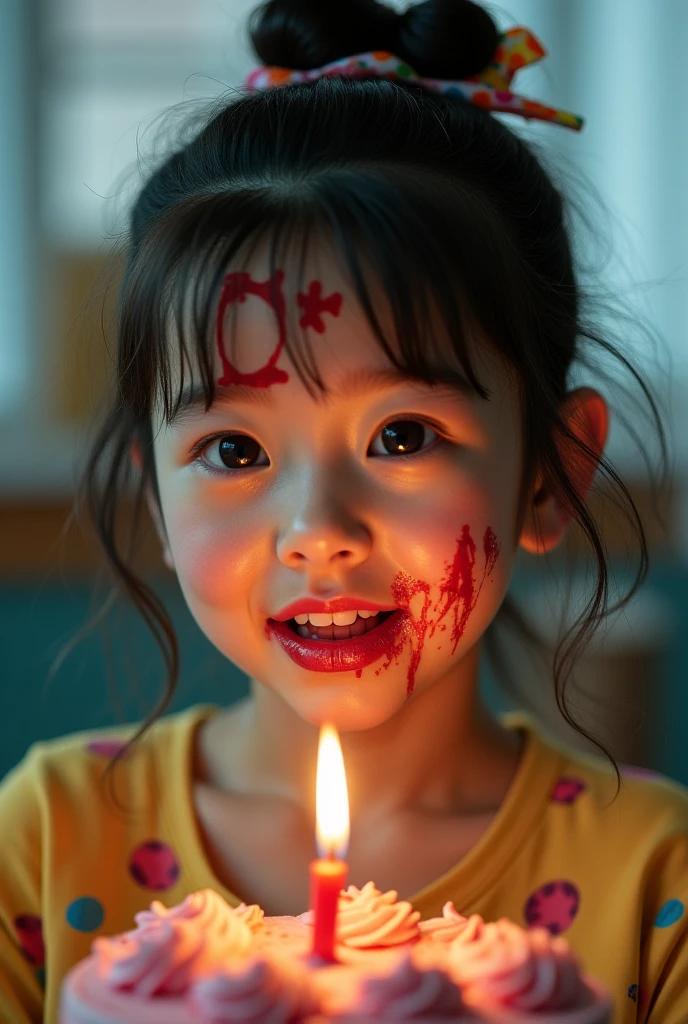 Dark Room, White candle flame on white cake, Sad face, , Tragic, Ultra HD、128k、Masterpiece、A kindergarten girl、 clavicle, RAW Photo、A girl with big eyes wearing light yellow clothes、Long face, Professional Lighting、Japanese anime style, I'm about to cry, Holding back tears