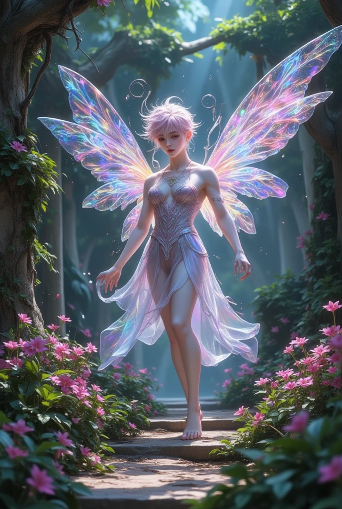 (Best quality at best, tmasterpiece, A high resolution, Glow, floods, Lens glare, wide angles), rays of sunshine, Full body lesbian, 1 The flower fairy holds a magic wand and dances with the wind,Fly happily over the magical garden,Surrounded by colorful flowers,She has glowing transparent wings,Bikinis made from petals and leaves,The wand fluttered in the wind、The wand flashed with starlight,Golden wand,Gentle and transparent,Anatomical correct, delicate patterns,Pink rose space, gentlesoftlighting, ( bokeh),Long gray hair,The face is super delicate, beauitful face, perfect hand,(perfect eyes) Large breasts, Large breasts ( long eyelasher: 1.4),((Glowing transparent wings;1.8)),(highdetailskin: 1.2), 8K, hyper HD, digital SLR camera, high high quality, Volumetriclighting, Frankness, A high resolution, 4K, 8K, Background garden, dream garden,gentlesoftlighting, ( bokeh),Transparent feather drop effect, spring flowers,Epic Romantic Fantasy Digital Art,Epic fairy tale fantasy digital art,Myths and Fantasy,realistically,Very realistic,电影灯光,an award winning photograph,Lots of colors,surreal texture,dramatic lights,Frontal position