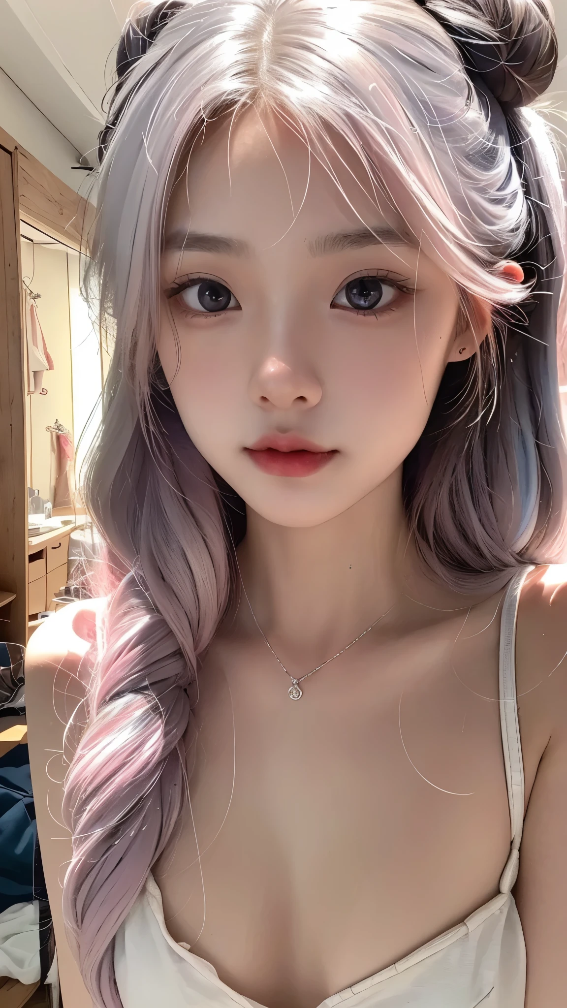 ((upper body)), 1girll,Light shines on the face, rosy lips, topknot, glowing eyes, hair bun, Surrealism, close-up, Sony FE GM, polar opposites, symmetry, UHD, masterpiece, super detail, high details, highres,pink silver hair,Small breasts,Are thin,A famous Korean idol singer with a rich voice,A famous Korean idol and beautiful dancer with advanced athletic ability,Eyes are narrow eyes,bright personality,The belly button and the surrounding area are exposed,Thin cotton underwear,Light pink cotton underwear,string underwear bikini,