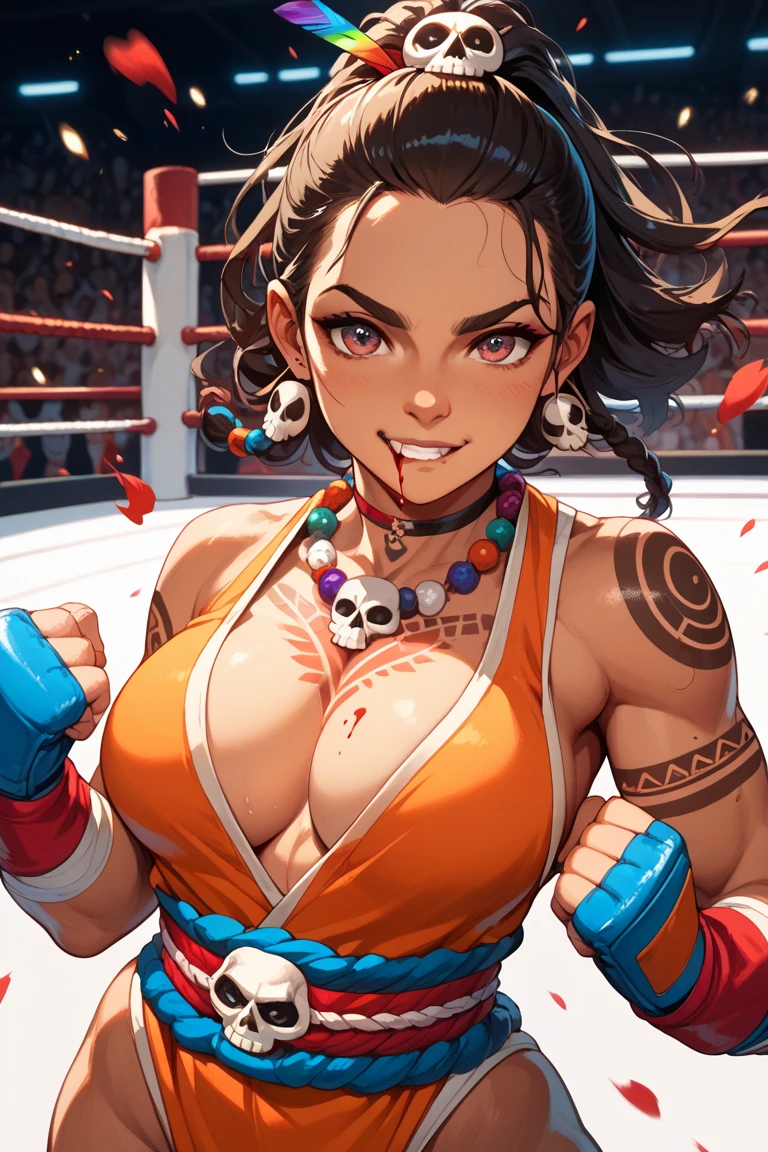 My Hero Academia 1 dark brown indigenous girl, big eyes lined and slanted golden eye color, 1 slap on the right cheek, beautiful posing a smug happy face while posing to the public while posing showing a charro outfit