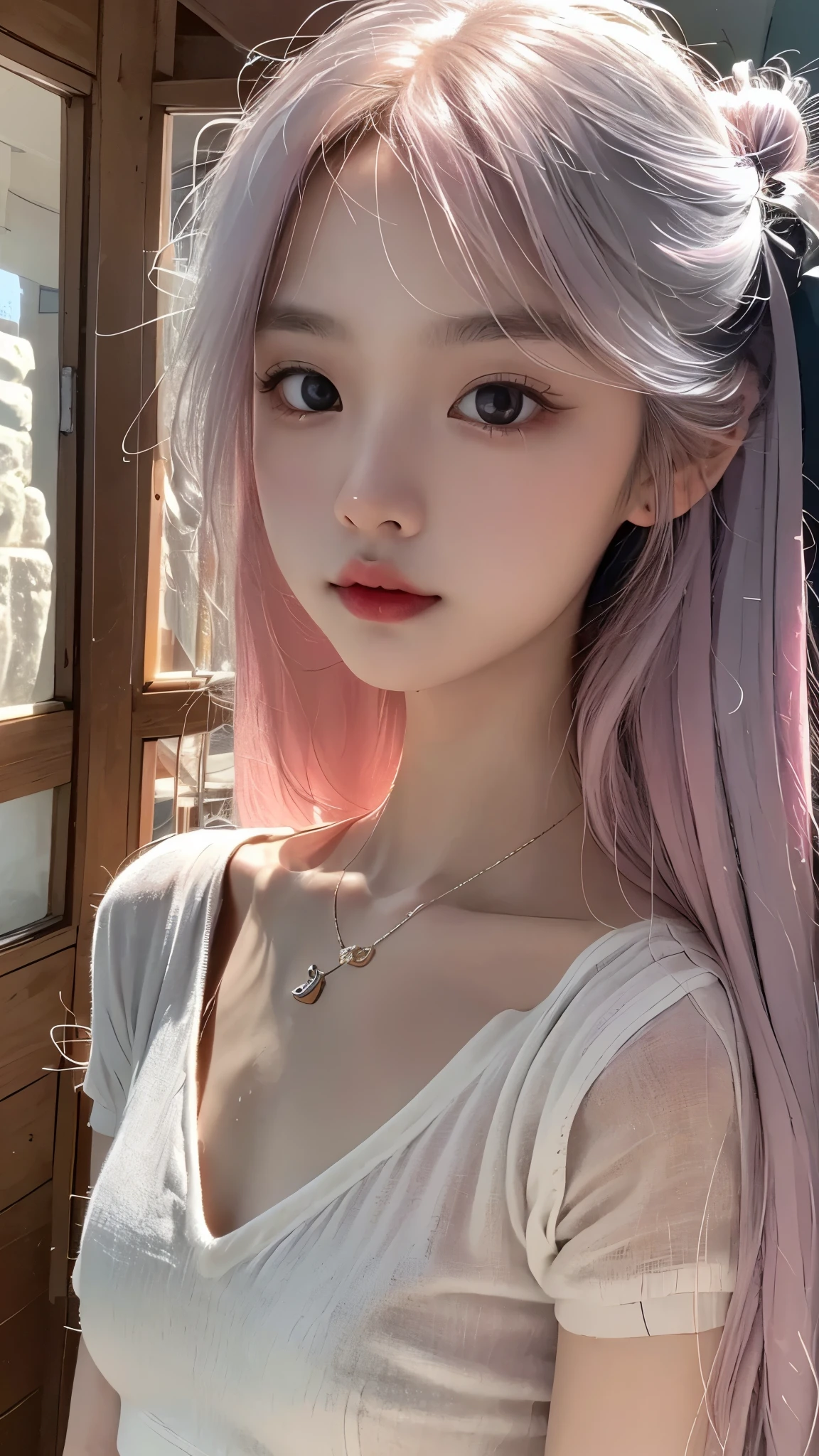 ((upper body)), 1girll,Light shines on the face, rosy lips, topknot, glowing eyes, hair bun, Surrealism, close-up, Sony FE GM, polar opposites, symmetry, UHD, masterpiece, super detail, high details, highres,pink silver hair,Small breasts,Are thin,A famous Korean idol singer with a rich voice,A famous Korean idol and beautiful dancer with advanced athletic ability,Eyes are narrow eyes,bright personality,The belly button and the surrounding area are exposed,Close-up from the waist up,The belly button and the surrounding area are exposed,