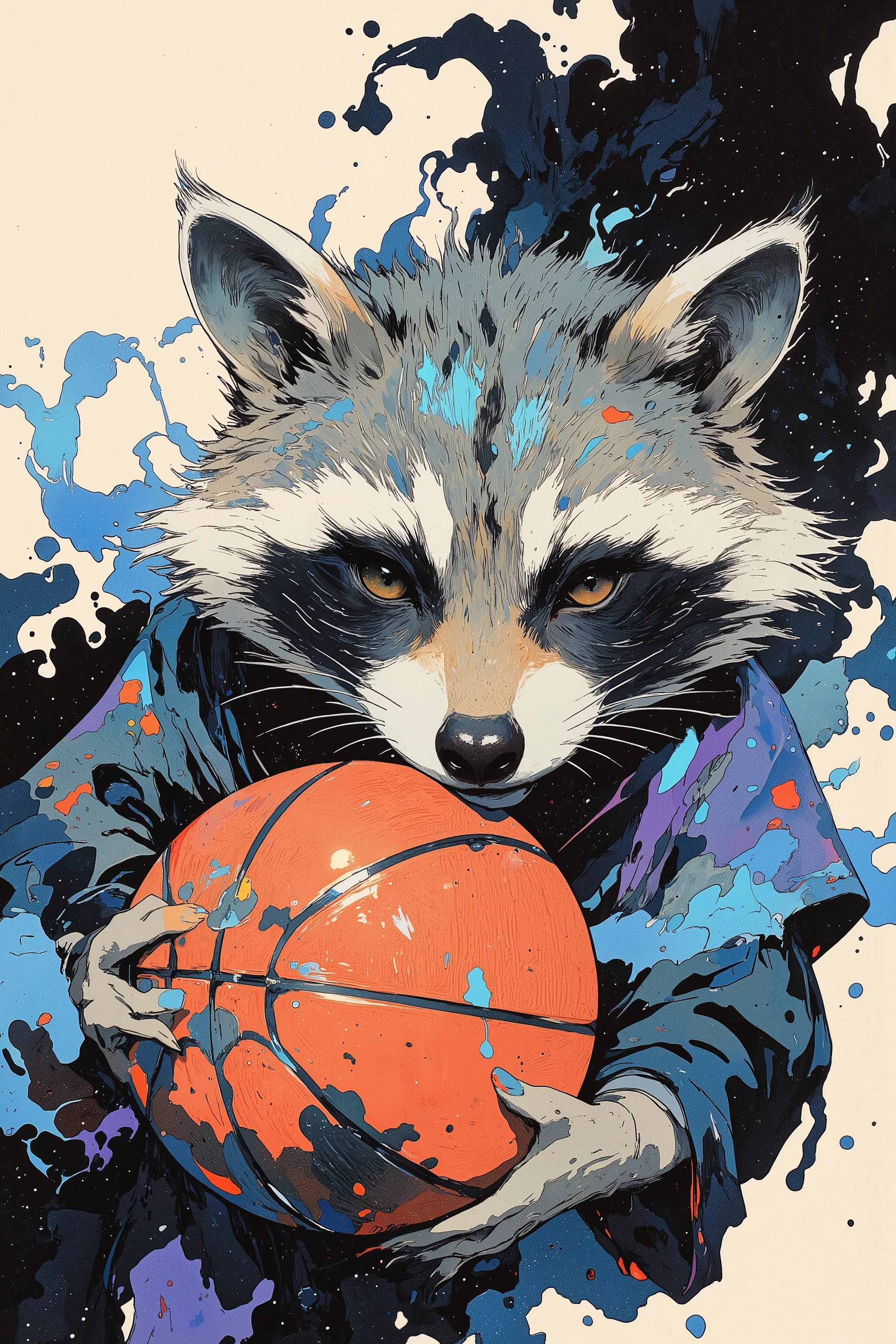 
(((article, "NBA ", Add text"NBA", holographic big font) {x},(best quality)))、(super high image quality)、(Super Detail)、(detailed description)、(Best CG ))、(masterpiece)、ArsMJStyle、(Zen ink wash painting)、raccoon , basketball