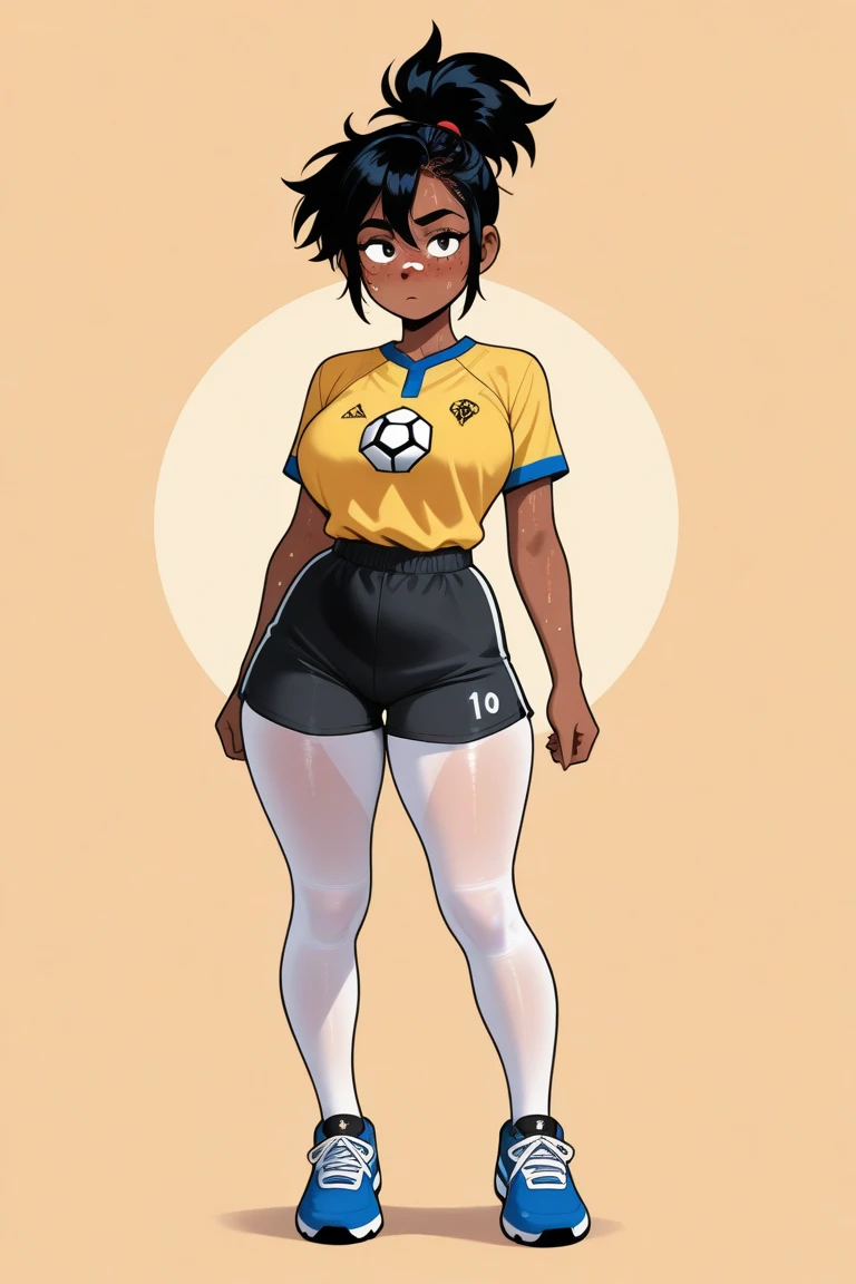 (highres:1.2),solo,black girl,short hair,smiling,back turned to the viewer,Slacks,sporty clothing,soccer field,diamond,multicolored hair,multicolored eyes