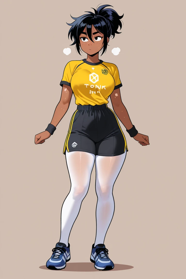 Character Sheet of Bia Oliveira has a warm and inviting face, characterized by a smooth complexion with a rich, deep skin tone that highlights her African heritage. Her oval-shaped face features soft, defined cheekbones that lend her a graceful and approachable appearance. Her almond-shaped eyes are dark brown, often sparkling with enthusiasm and intelligence, framed by sleek, black glasses that add to her intellectual charm. Bia's hair is naturally dense and coiled in a tight, voluminous afro, reflecting her cultural pride. She typically wears a warm smile that lights up her face, conveying her genuine passion for basketball and sports commentary. Bia's style blends sporty and professional elements effortlessly; embodying both her love for the sport and her role as an influential figure in the basketball community.Portrait 3:4 full body, green screen background
