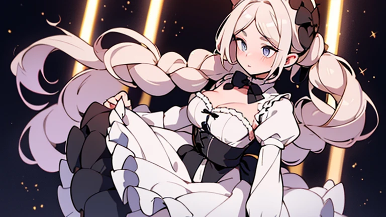 Marie rose, maid uniform, headdress, black stockings, mansion, ThiccWithaQ art style, Marie rose, cute, lewd, sexy, blowing kiss, fetallio gesture, horny, lustful, big ass, big hips