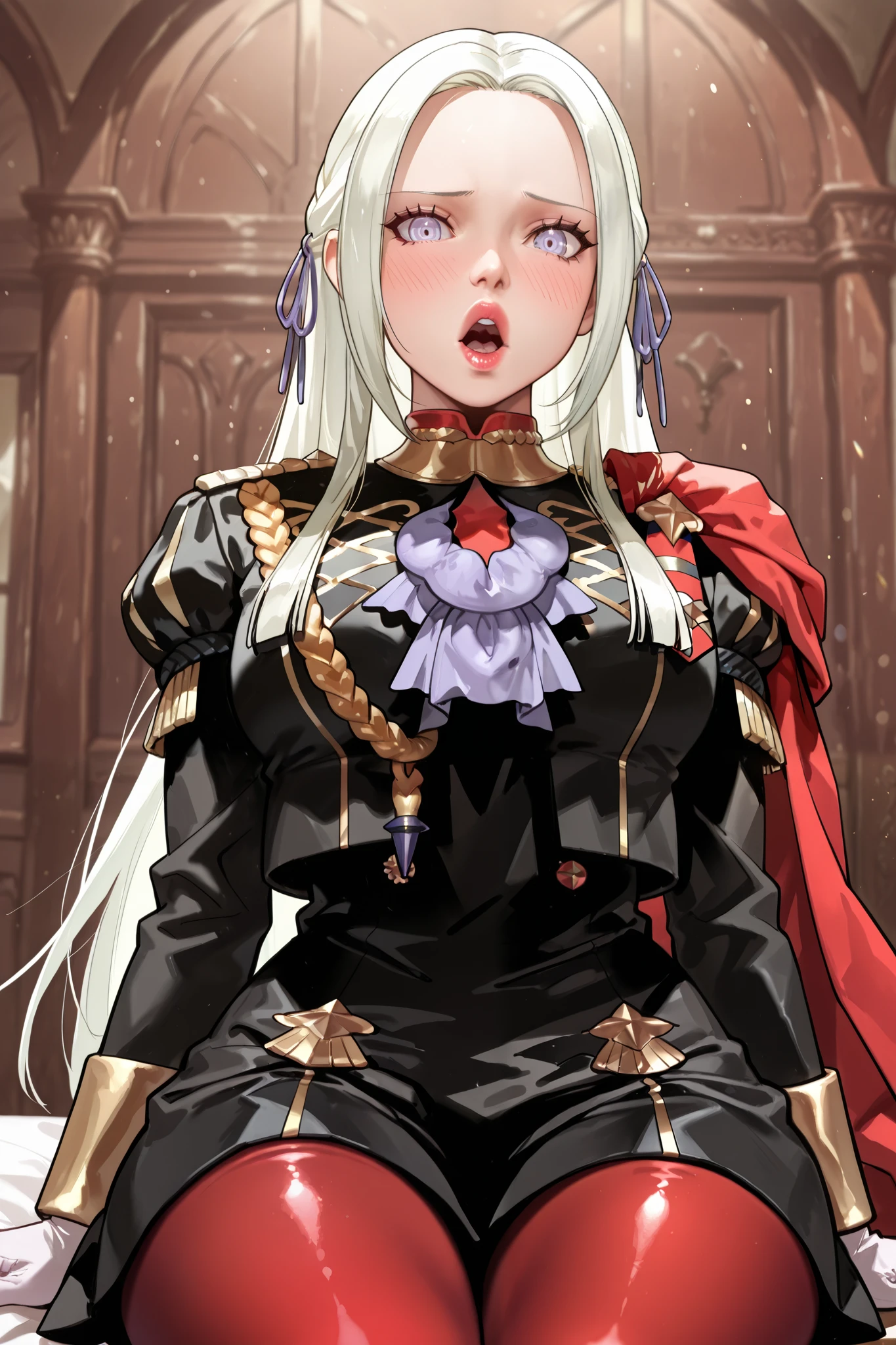 (Alone), (adult mature Edelgard, Garreg Mach uniform:1.0, sitting, red nylon pantyhose, glossy lipstick, big mouth, big lips, open mouth:1.5, shuddering, small waist, wide hips), best quality, high quality, high res, Looking at viewer, shy, embarrassed, (perfect eyes:5.0, perfect face:2.0, highly detailed face:3.0, detailed eyes:6.0, Edelgard Eyes:1.0, perfect mouth), BREAK pov lab pillow:1.0