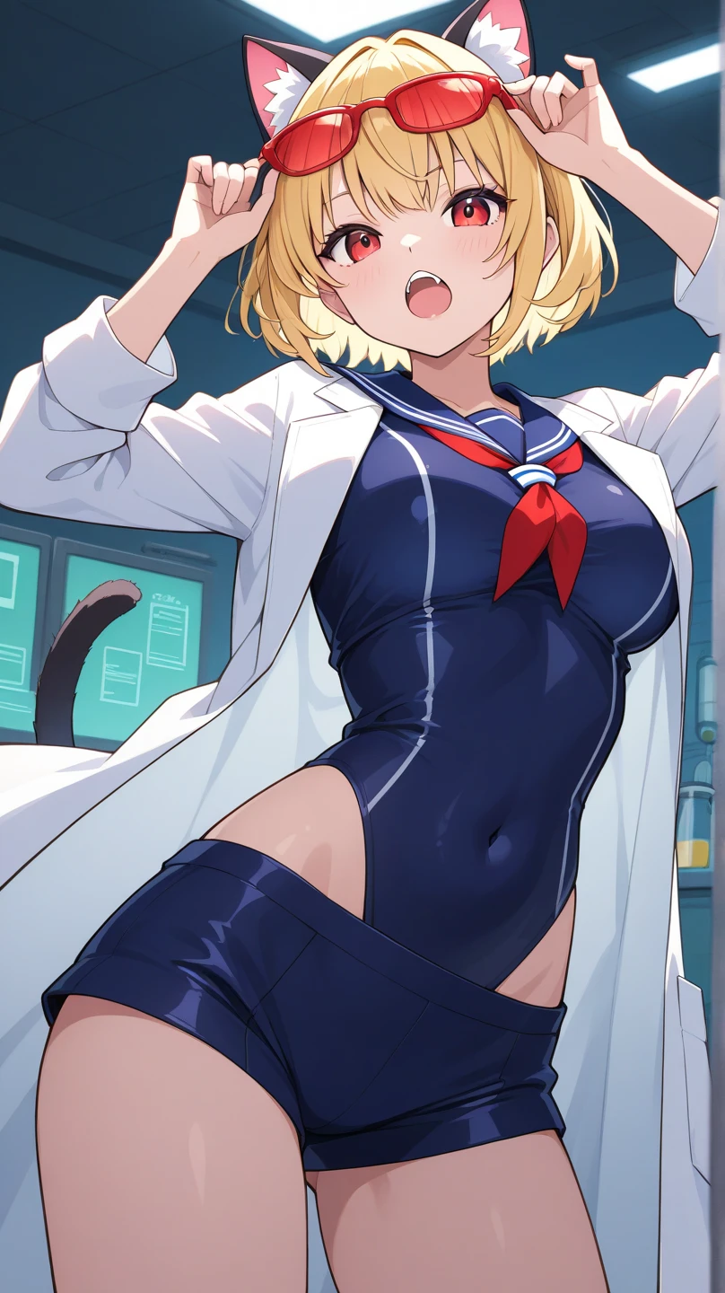 ((masutepiece)), ((Best Quality)), (Ultra-detailed), ((Extremely detailed)), 4K, (8K), Flat color, heavy outline, sharp outline, 1girl in, Solo, nice cute girl 20 years old, light brown french braid hair, white bikini in white coat, White Gloves, standing in a science laboratory
