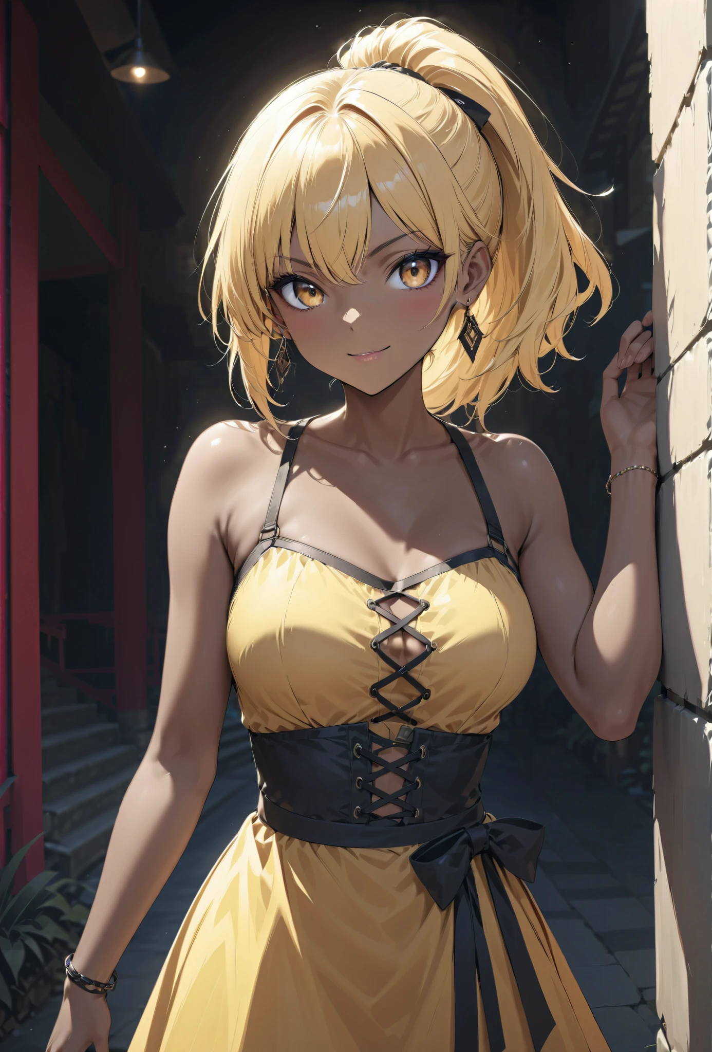 beauty　 ponytail　BLONDE　brown skin　Black Skin　flirtatious attitude  　evil expression　smile　 looks at you　 melancholy mood　earrings　 bracelet、 standing　