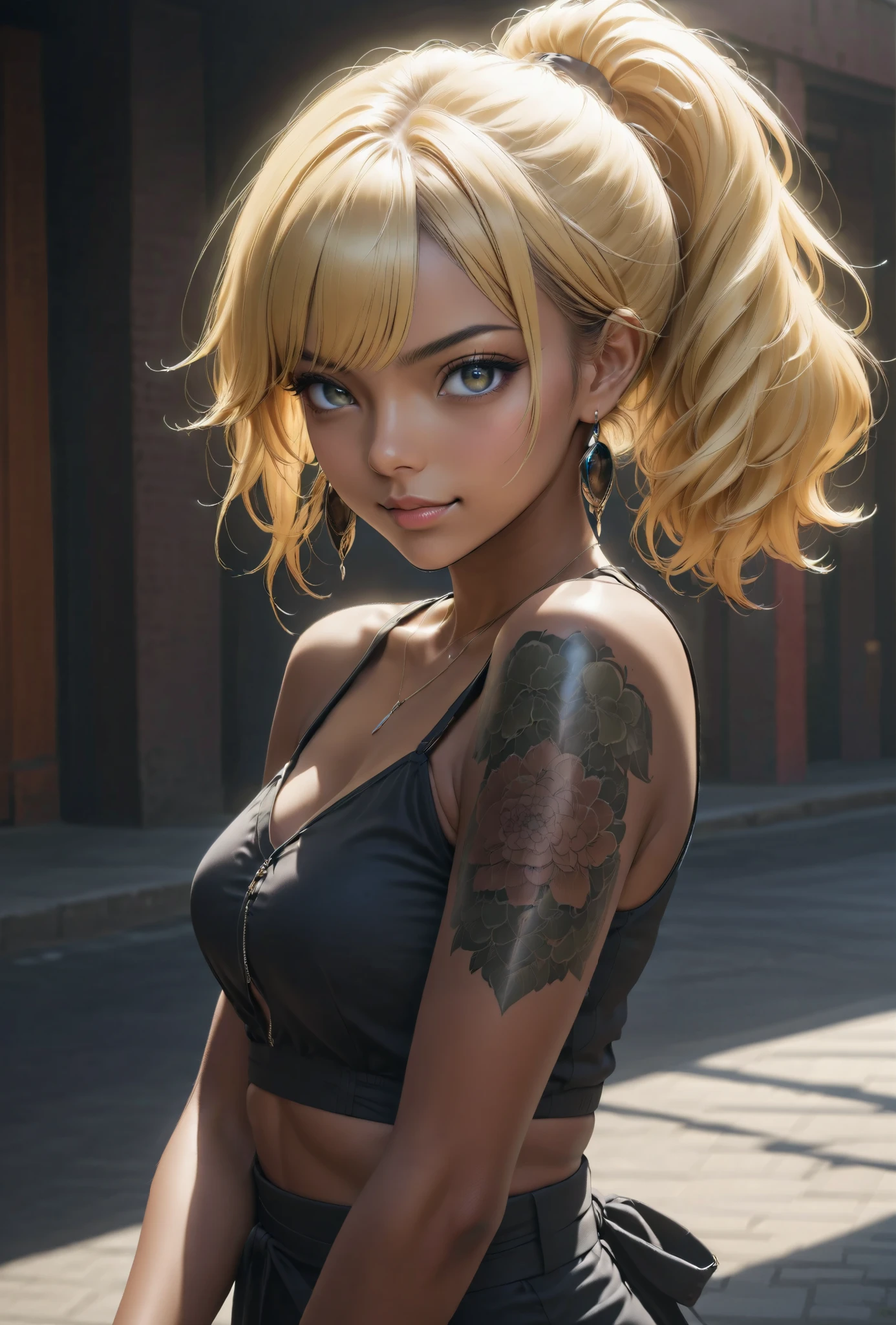 beauty ponytail BLONDE brown skin Black Skin flirtatious attitude evil expression smile looks at you melancholy mood earrings bracelet、 standing