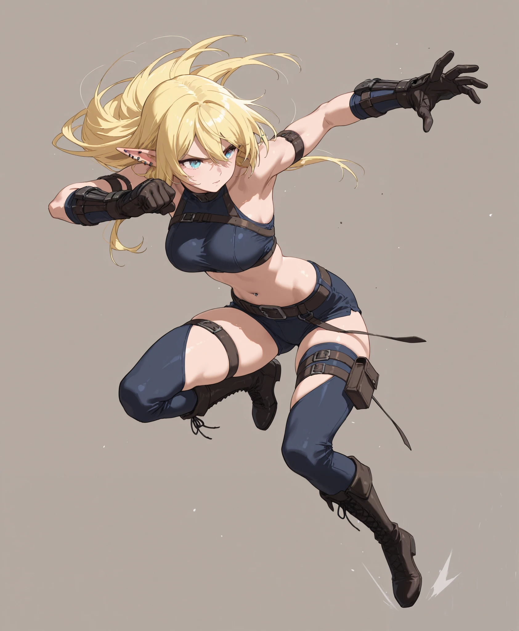 1woman, blonde hair, overwatch 2 mercy face, hair covering right eye, blushing, ripped up spaggethi strap crop top, pleated black ripped skirt, detaily ripped off black tigh-highs, her thigh-highs being shrdedded, getting her clothes ripped to shreds, all destroyed and ripped off clothing, no shoes, laying on back in fetel postition, scracthed and bruised and bleeding, dungeon background, low health points, ryona, beat up girl, video game game over scene, fighting another person and losing, near death, from above