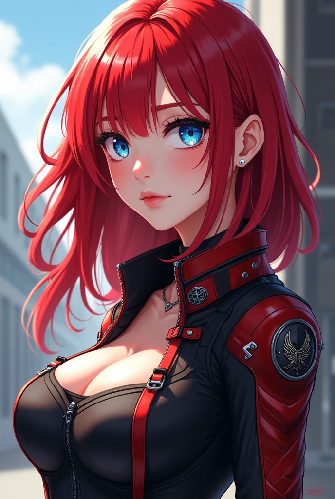 anime girl, beautiful detailed dark red hair in a ponytail, extremely detailed big blue eyes, beautiful detailed face, beautiful detailed lips, skintight pilot suit, highly detailed, realistic, cinematic lighting, 8k, dramatic lighting, dynamic pose, volumetric fog, photorealistic, masterpiece, hyper detailed