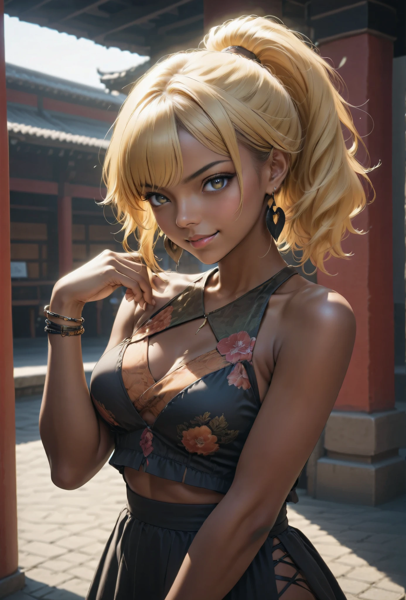 beauty ponytail BLONDE brown skin Black Skin flirtatious attitude evil expression smile looks at you melancholy mood earrings bracelet、 standing