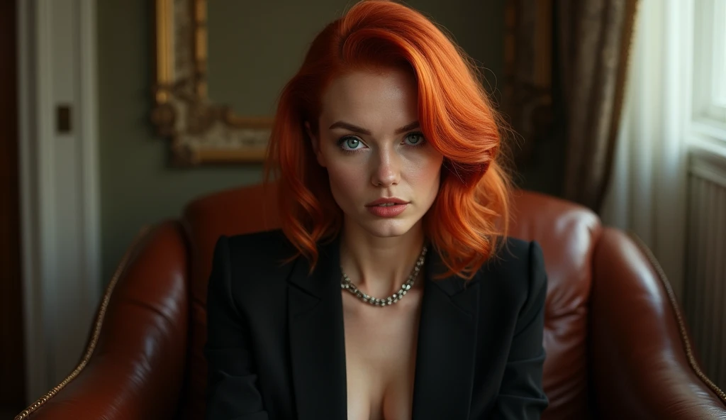 Redhead sexy woman with big breasts sits in chair legs spread