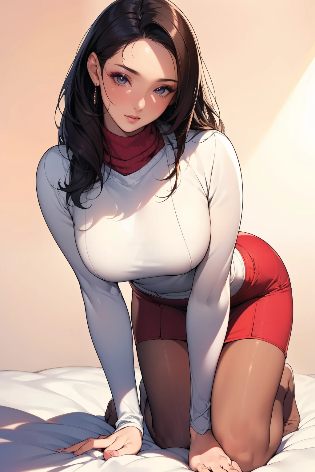 beautiful girl, sexy mom, curvy body, in pajamas with a hood, in pajamas with a clasp from the navel to the chest, lying on the bed with her legs wide open (((red pajamas))) (((pajamas are completely closed)))