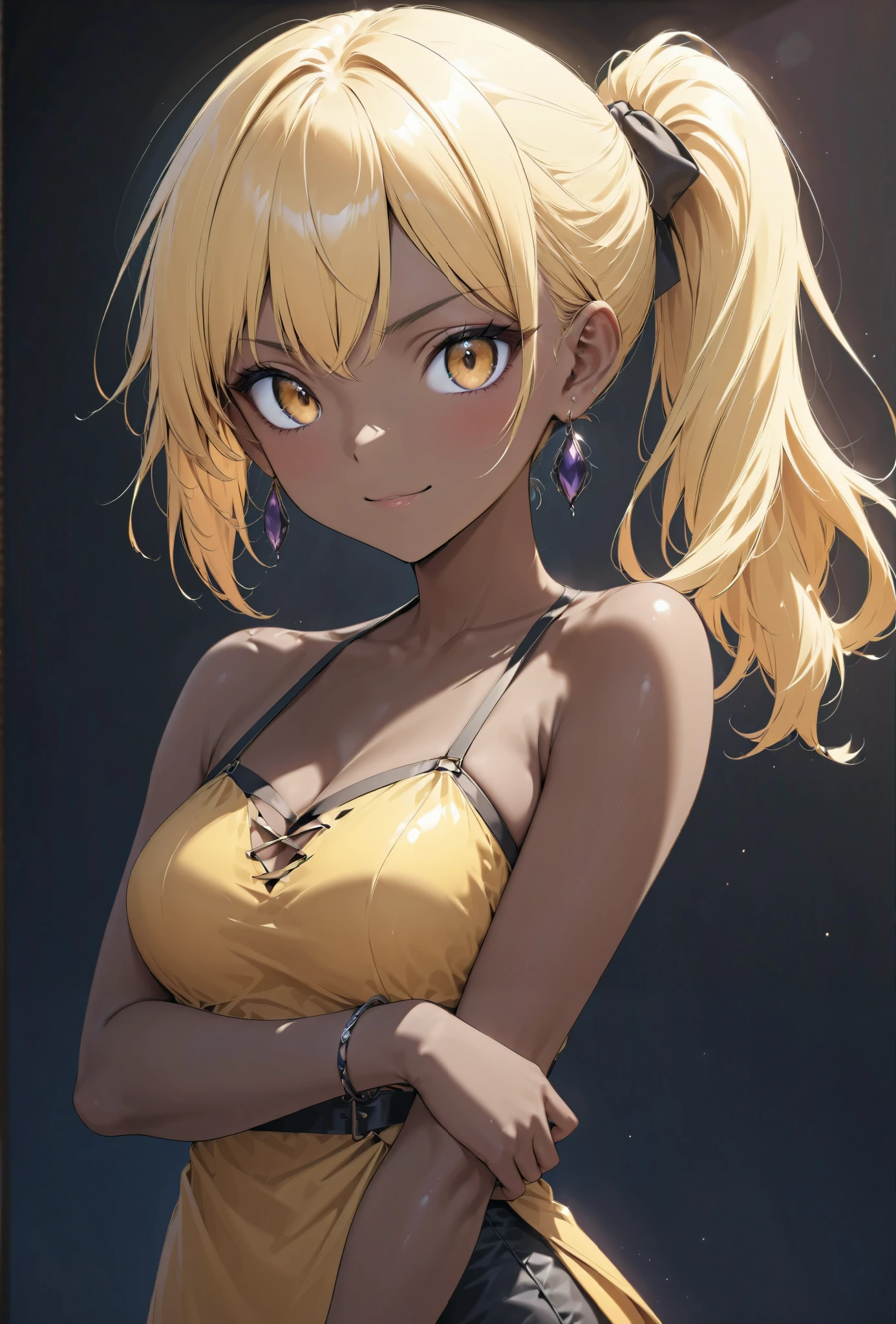 beauty ponytail BLONDE brown skin Black Skin flirtatious attitude evil expression smile looks at you melancholy mood earrings bracelet、 standing