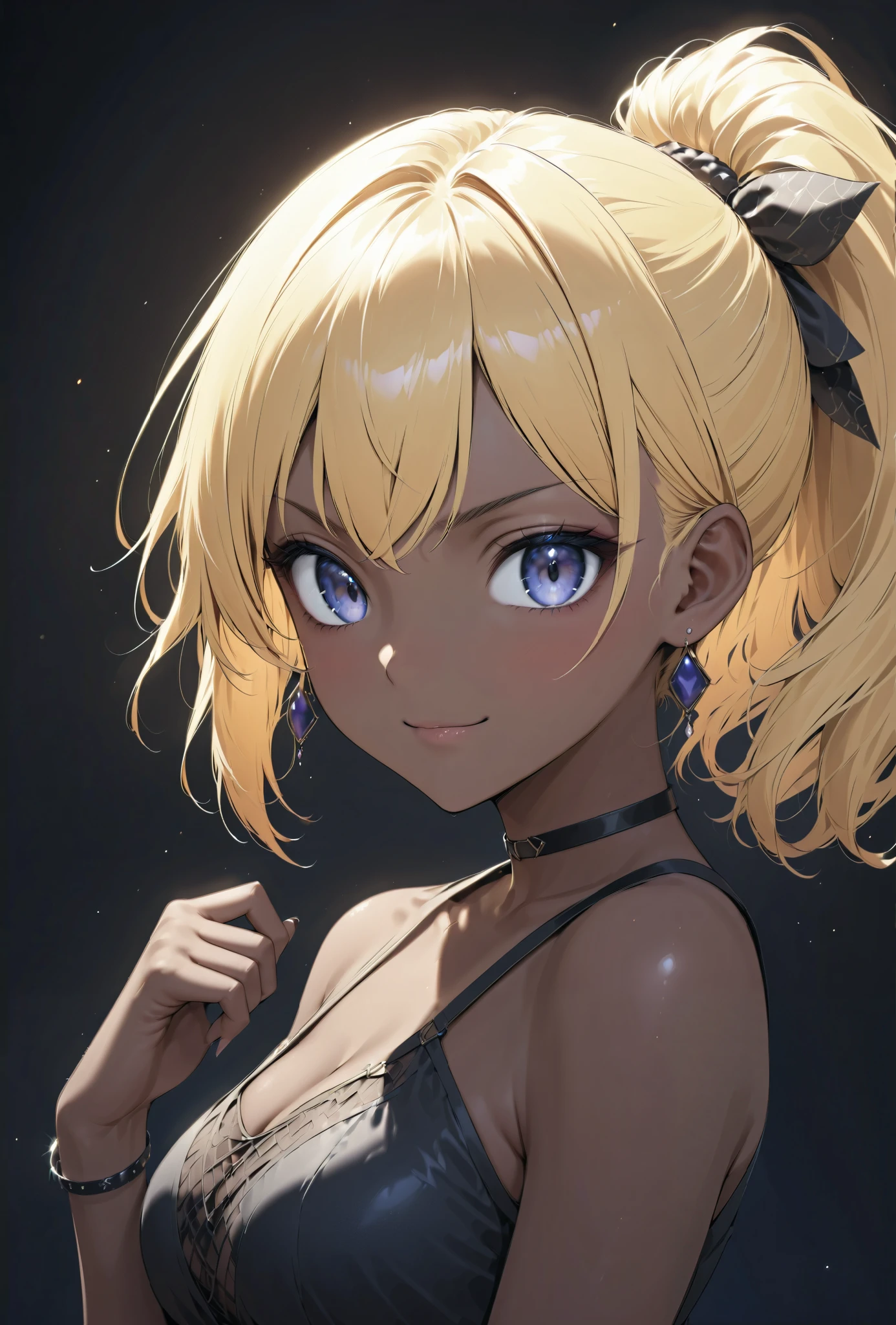 beauty ponytail BLONDE brown skin Black Skin flirtatious attitude evil expression smile looks at you melancholy mood earrings bracelet、 standing