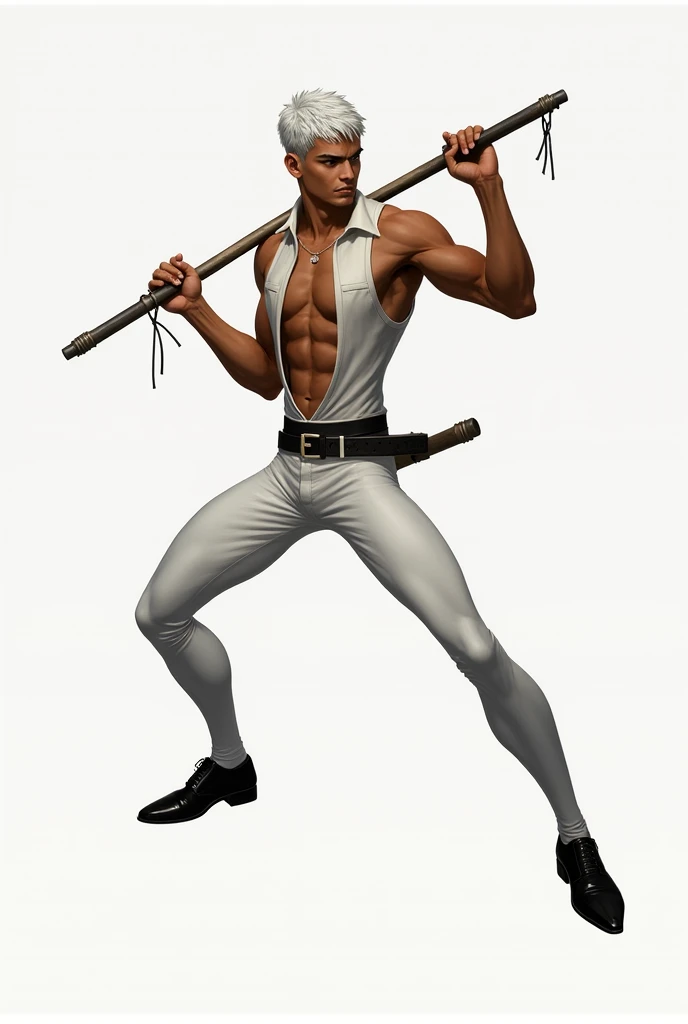 monochrome, HEZI, White film, Character modeling, 1boy, solo, weapon, male focus, greyscale, holding, holding weapon, sword, muscular, topless male, over shoulder, facial hair, holding sword, dual wielding, abs, weapon over shoulder, grey background, muscular male, belt, pouch, standing, boots, pectorals, full body, pants, gradient, gradient background, jewelry, earrings, simple background, baggy pants, knife, beard, dagger, artist name, bracelet, blade, mustache, signature, navel, long hair, looking at viewer, hands up, closed eyes, nipples, fingerless gloves, closed mouth, medium hair, belt pouch, holding dagger, shoes, large pectorals, bara, teeth, gloves, holding knife, short hair