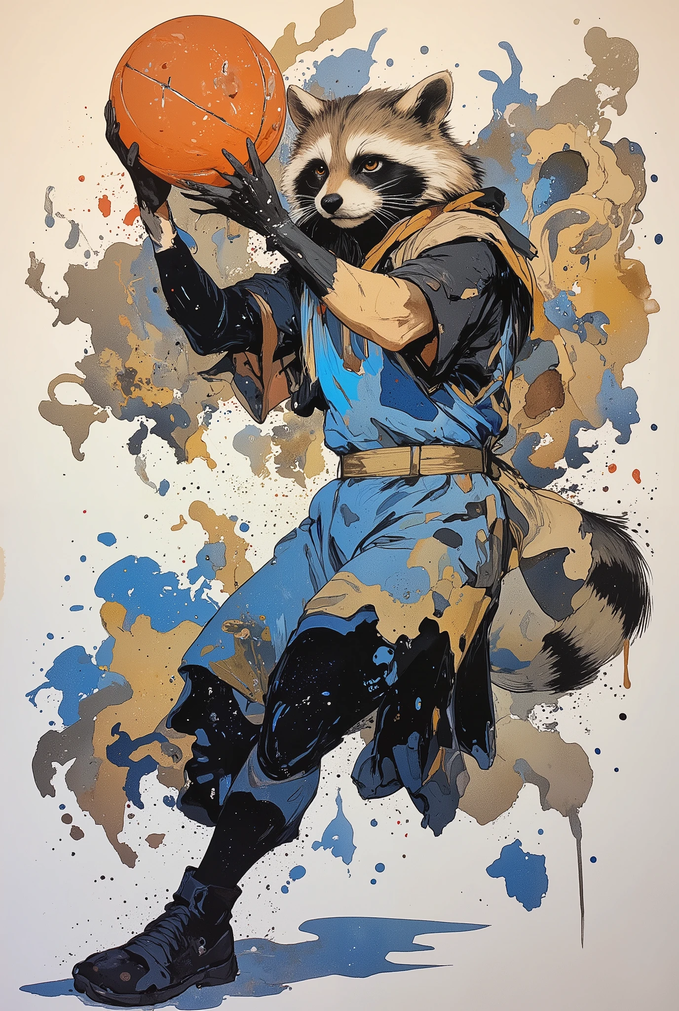 
(((article, "NBA ", Add text"NBA", holographic big font) {x},(best quality)))、(super high image quality)、(Super Detail)、(detailed description)、(Best CG ))、(masterpiece)、ArsMJStyle、(Zen ink wash painting)、raccoon , basketball