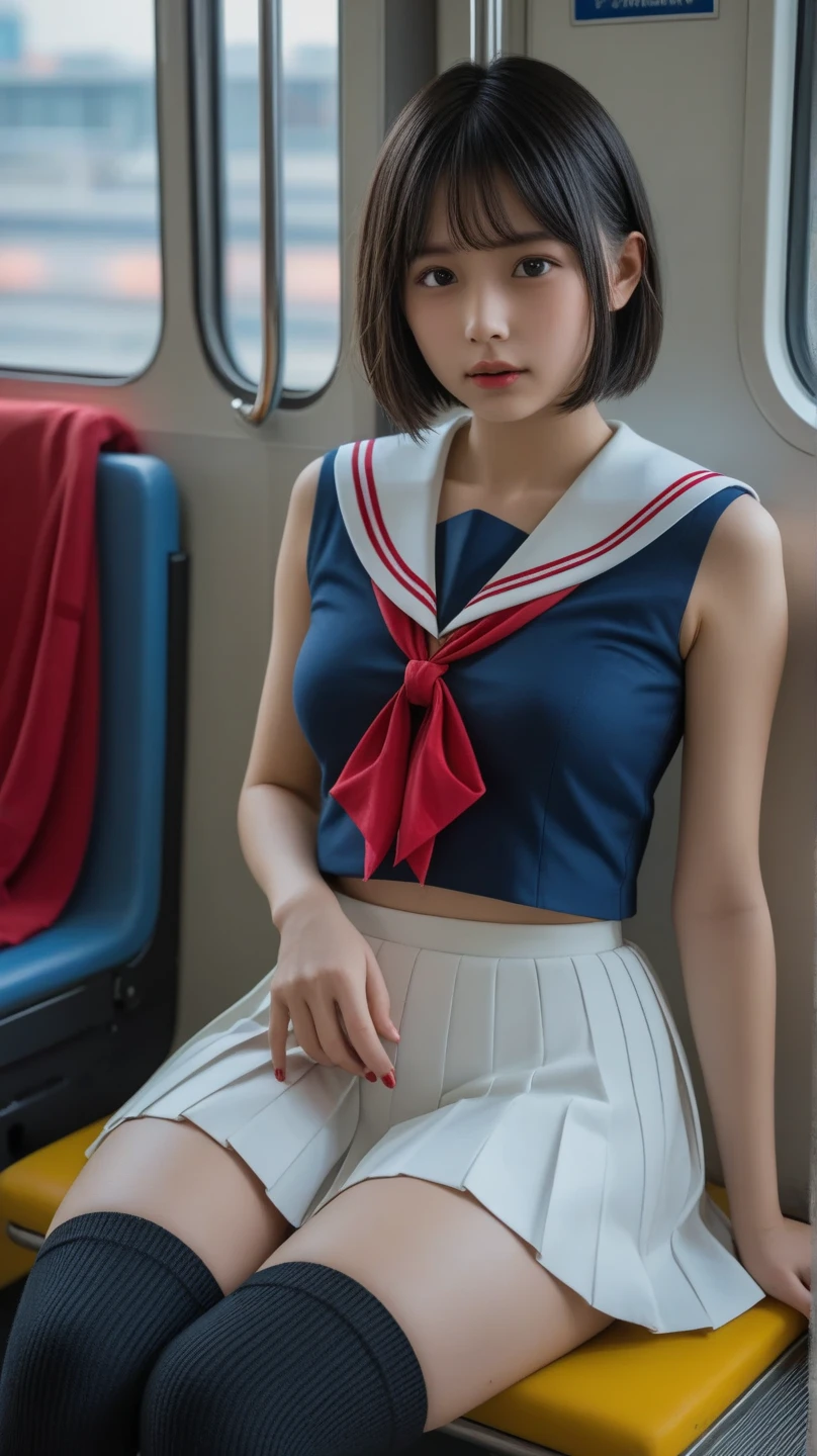 (1girl in:1.3), Very cute, 18 years old, It seems naïve, 8K, Raw foto, (photorealistic photos:1.37), 超A high resolution, Best Quality, Small round face, big eye, Super delicate face, extremely detailed eye, slender, (White panties:1.3)、thighs thin, slender long legs, Blushing, (no-makeup:1.4), (eye bags:1.3), Fair skin, BREAK ((with a Japanese school uniform:1.3)), (Big breasts:1.2)), (On the train:1.3), (Uniform Ribbon:1.2), (Long horizontal sheet with your back to the window:1.2), BREAK (Wear thigh-length socks:1.3), Professional Lighting, Sparkly skin, Face Light, Natural Shading, ((Precise hands without dissonance)), BREAK (Blonde short length hair:1.3), (((skirt lift by yourself))), (lifted by self), (Show panties), ((sitted, Open legs wide:1.5)), white panty