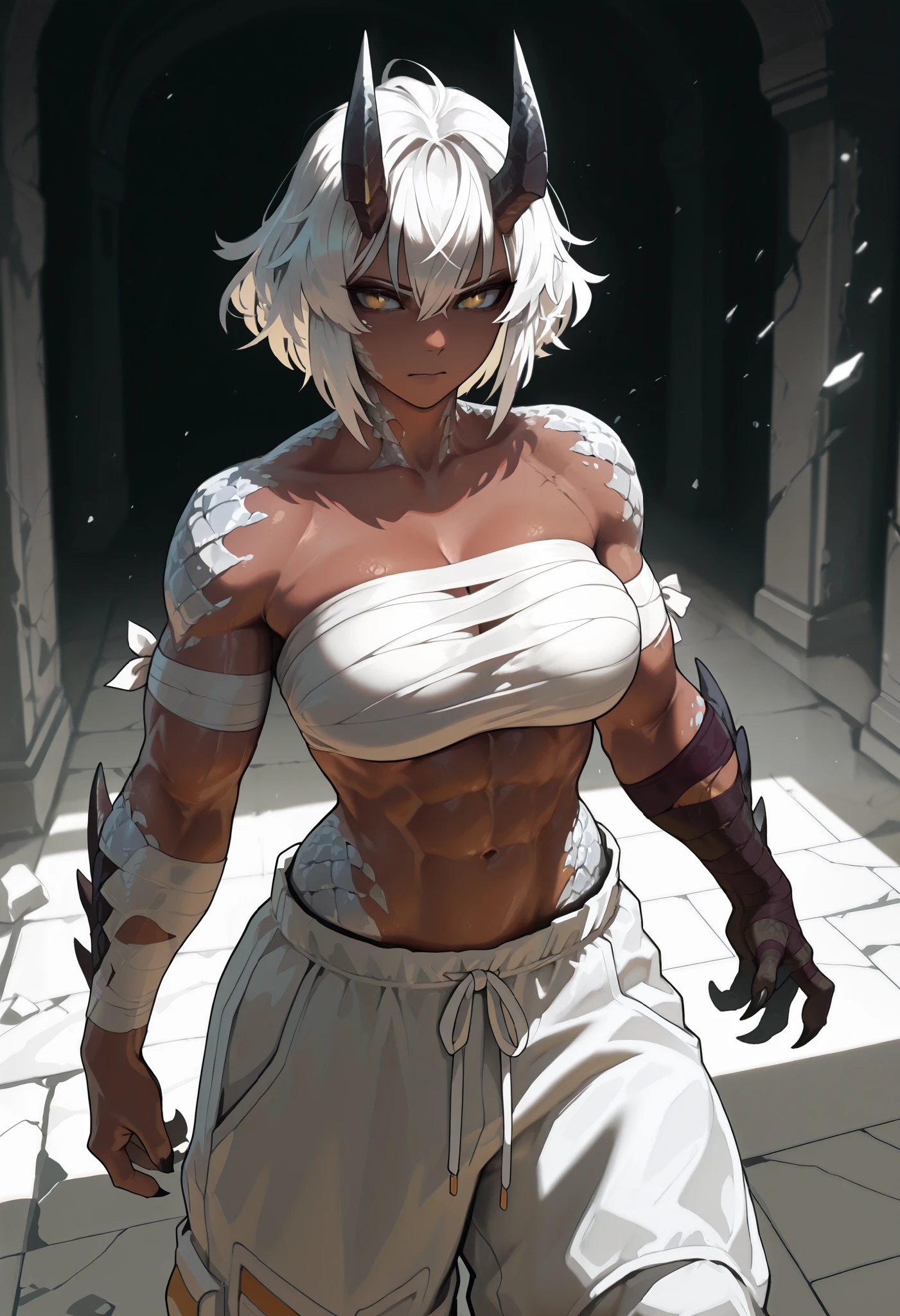 muscular creature, dark horns, yellow eyes, short spiky white hair, short hair, (Bandaged breasts wearing baggy pants:1.3), wrapping her hair, pants, humanoid arms with sharp claws and scales, silver scales on arms and legs, calm pose, athletic, dark skin tone, BREAK background is simple and muted, with a gradient effect and soft, neutral tones.