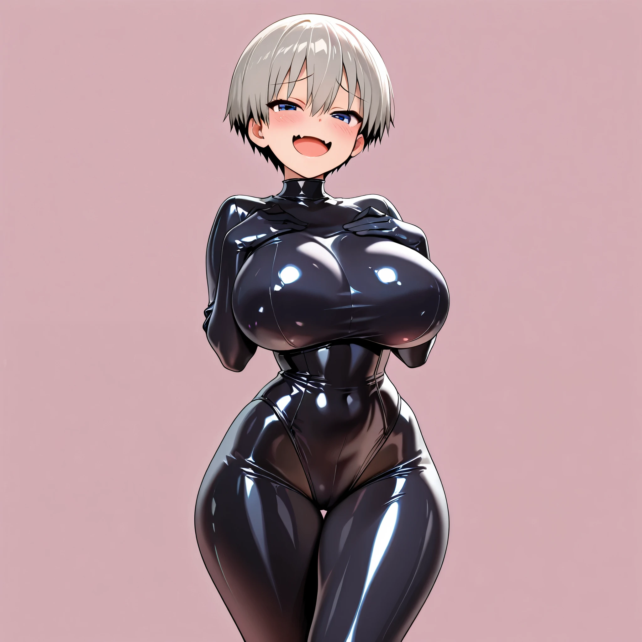 Short silver hair woman, leaning forwards, big breast, wet pussy, lewd face, opening mouth smiling and sticking out tongue, looking up, blushes cheeks, Shiny silver latex slider suit with hidden skin, Shiny silver latex gloves, Shiny silver latex leggings, small Shiny silver latex slime tentacles on edge of chin, Shiny sliver slime dripping.