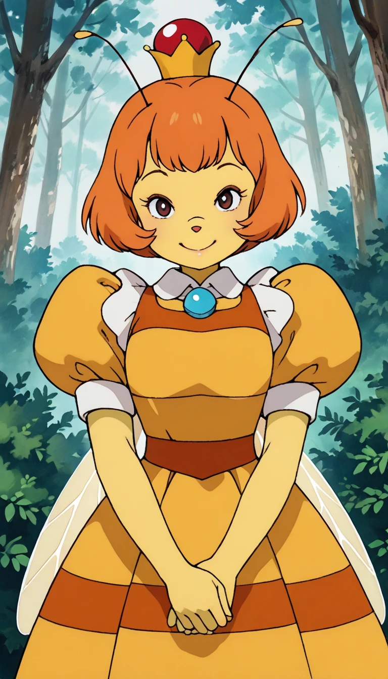 (1girl, Queenie, honeybee girl,), (extremely detailed CG unit 8k wallpaper),(master part), (best quality), (ultra detail), (best illustration),(ghibli_style), cowboy shot, dutch angle , close up, standing , facing viewer, looking at viewer, perfect face, perfect eyes, perfect fingers, (Sharp eyeliner, ombre, detailed eyes:1), traditional media, outdoors, forest, tree, bush, break , upper body, solo, smile, (furry female, puffy sleeves, dress, yellow skin, antennae, crown, insect wings, orange hair, very short hair)