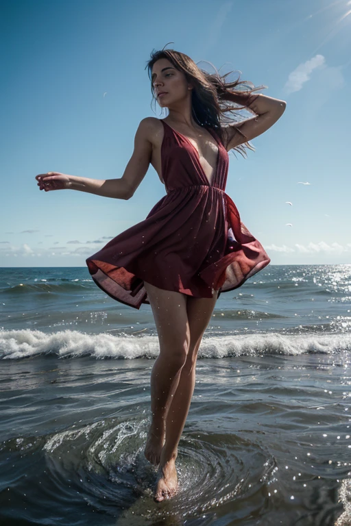 woman in a red maxi dress is walking into the sea, iranian, long pink gloves, elegant, closeup fantasy with water magic,((waves)), beautiful maiden, wearing a dress made of water, cleavage, realistic oil painting, dripping wet, in water up to her shoulders, woman soaked by waves,  beautiful realistic painting, nymph in the water, hyperrealist portrait in ocean, hyperrealistic fantasy photo, splashing, realistic fantasy painting, cute shot, narrow depth of field, portrait, sunset, golden hour, 8k, drenched, ((soaked)), dripping water, dripping oil, heavy clothes, soaked in oil, wet all over, short dark hair, wet dripping hair, pov shot, portrait, posing