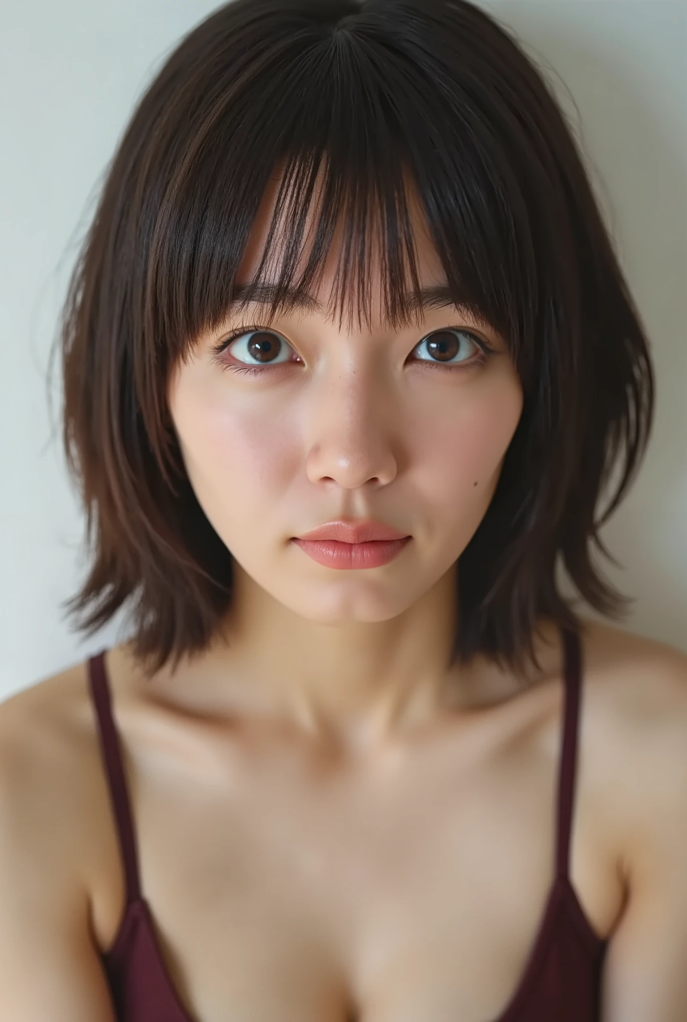 (( BEST QUALITY )), ((masterpiece)), ( details), First-person perspective ,1 girl, sexy,( Bringing Your Face Closer ),((mouth wide open )),((Big Breasts, underwear, short bob hair)), black hair , (( without makeup, small eyes))