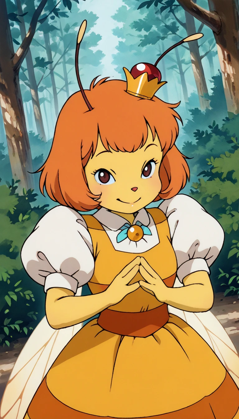 (1girl, Queenie, honeybee girl,), (extremely detailed CG unit 8k wallpaper),(master part), (best quality), (ultra detail), (best illustration),(ghibli_style), cowboy shot, dutch angle , close up, standing , facing viewer, looking at viewer, perfect face, perfect eyes, perfect fingers, (Sharp eyeliner, ombre, detailed eyes:1), traditional media, outdoors, forest, tree, bush, break , upper body, solo, smile, (furry female, puffy sleeves, dress, yellow skin, antennae, crown, insect wings, orange hair, very short hair)