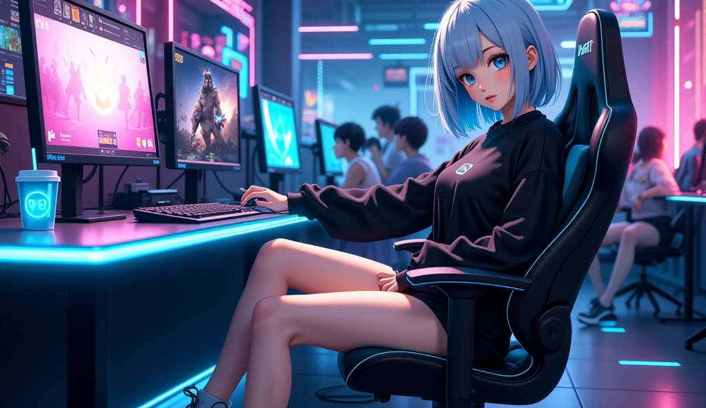 Render a top-quality image of an 18-year-old girl with a heart tattoo on her right shoulder. She has long purple hair and blue eyes, wearing a black navel crop top that barely covers her breast, and jean shorts, highlighting her slender figure and best bust of 85. The girl is sitting in a gaming chair, slouched with a smile, holding a gaming controller. She is adorned with chain accessories, a black wristband, and gaming headphones. The background features a neon-colored room with a gaming PC, gaming desk, gaming chair, and gaming bed, complete with a gaming console. The image should exhibit high-quality visual artistry, with intricate details and a dynamic lightning bolt effect for depth and lighting.