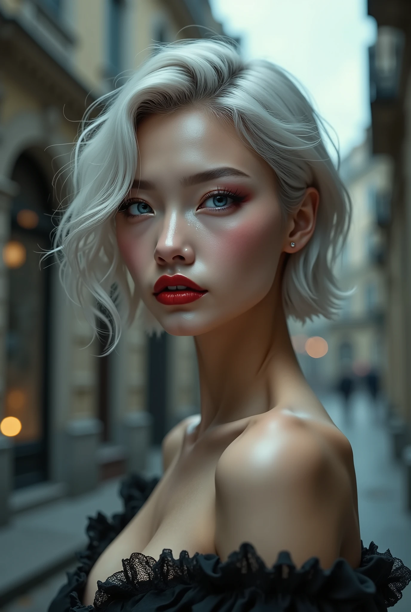  [Style: - "8k, masterpiece, realistic, Photorealistic realism, Hyper high resolution" - "highest quality, intricate ultra-detailed digital art"] (Key Directive: - "The priority is the anatomical accuracy and texture of the materials" - "Ultra-sharp human eyes with biological accuracy") {Character: "a beautiful girl [Rosé from blackpink(firm and full breasts)]" | Face: "full lips, red lipstick, intense gaze" | Eyes: - "((sharp focus, no blurry eyes, Hyper absurd quality, Hyper details, Hyper realistic brown eyes:1.4))" - "((extra narrow eyebrows))" - "(Carefully draw Long blue_mascara:1.2)" - "(perfect round eyes)" | Hair: "short hair, white hair, curls at the ends of the hair, hair above one eye,(short combed to the side)" | Pose: "elegant pose" Outfit: [Top: "Wear an off-the-shoulder top, modest BDSM costume, (see-thru PVC:1.2)" | lace: "Rose flower" | Boots: "Black Long,(laced)"] Environment: "street, European Buildings" Lighting: "studio lighting, monochromatic, striking contrast, dramatic shadows" (Rendering engine: "Unreal Engine 5 path tracing, 16K texture maps") | The ultra-Highres,Unreal 5,Subsurface scattering,PBR Texturing,Post-Processing,Anisotropic Filtering,depth of fields,Maximum Sharpness and Sharpness,multi-layered texture,Albedo and Specular maps,Surface Shading,Precise simulation of light-material interactions,perfectly proportions,Octane rendering,Two-tone illumination,Wide Aperture, low ISO, white balance, The rule of thirds