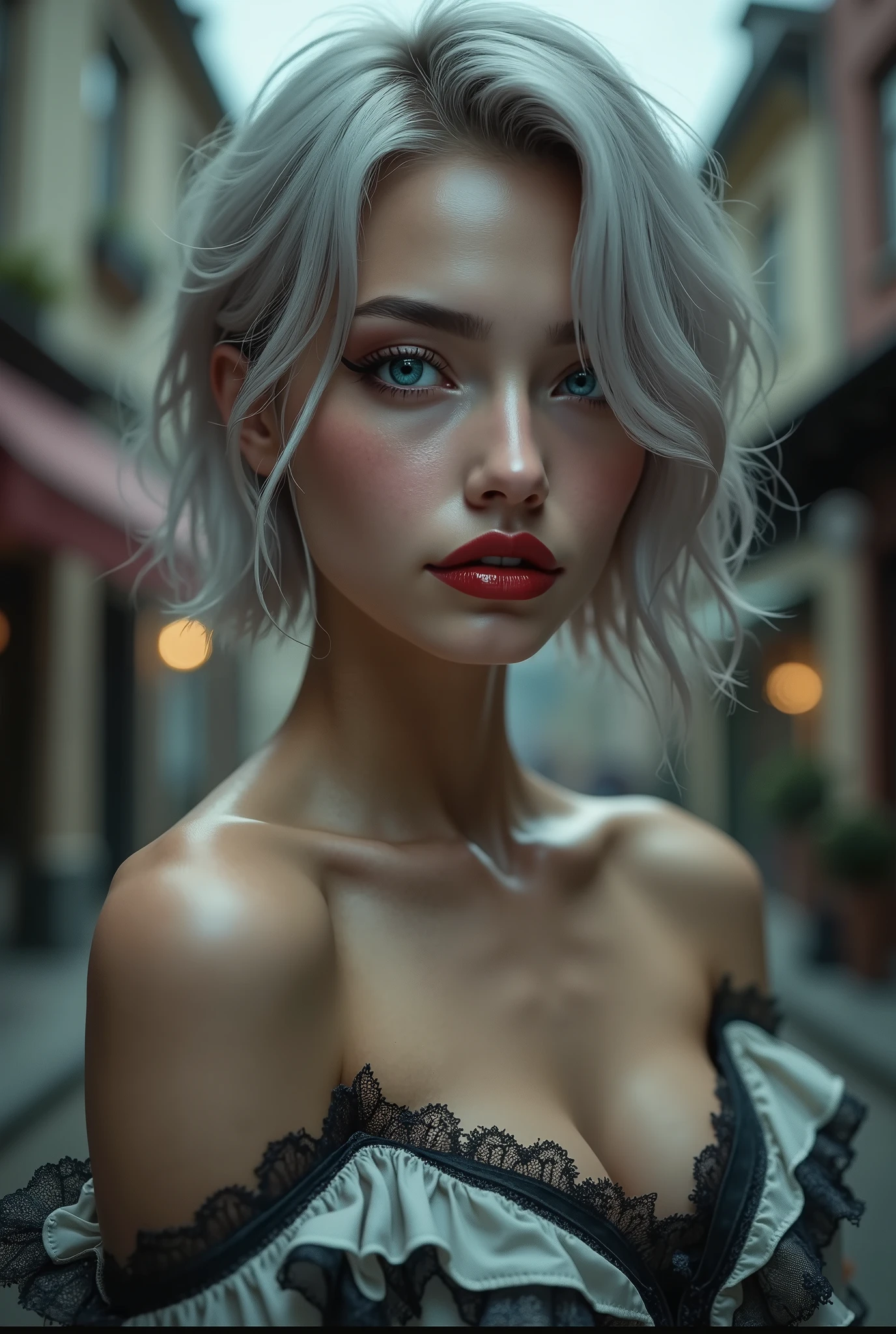  [Style: - "8k, masterpiece, realistic, Photorealistic realism, Hyper high resolution" - "highest quality, intricate ultra-detailed digital art"] (Key Directive: - "The priority is the anatomical accuracy and texture of the materials" - "Ultra-sharp human eyes with biological accuracy") {Character: "a beautiful girl [Rosé from blackpink(firm and full breasts)]" | Face: "full lips, red lipstick, intense gaze" | Eyes: - "((sharp focus, no blurry eyes, Hyper absurd quality, Hyper details, Hyper realistic brown eyes:1.4))" - "((extra narrow eyebrows))" - "(Carefully draw Long blue_mascara:1.2)" - "(perfect round eyes)" | Hair: "short hair, white hair, curls at the ends of the hair, hair above one eye,(short combed to the side)" | Pose: "elegant pose" Outfit: [Top: "Wear an off-the-shoulder top, modest BDSM costume, (see-thru PVC:1.2)" | lace: "Rose flower" | Boots: "Black Long,(laced)"] Environment: "street, European Buildings" Lighting: "studio lighting, monochromatic, striking contrast, dramatic shadows" (Rendering engine: "Unreal Engine 5 path tracing, 16K texture maps") | The ultra-Highres,Unreal 5,Subsurface scattering,PBR Texturing,Post-Processing,Anisotropic Filtering,depth of fields,Maximum Sharpness and Sharpness,multi-layered texture,Albedo and Specular maps,Surface Shading,Precise simulation of light-material interactions,perfectly proportions,Octane rendering,Two-tone illumination,Wide Aperture, low ISO, white balance, The rule of thirds