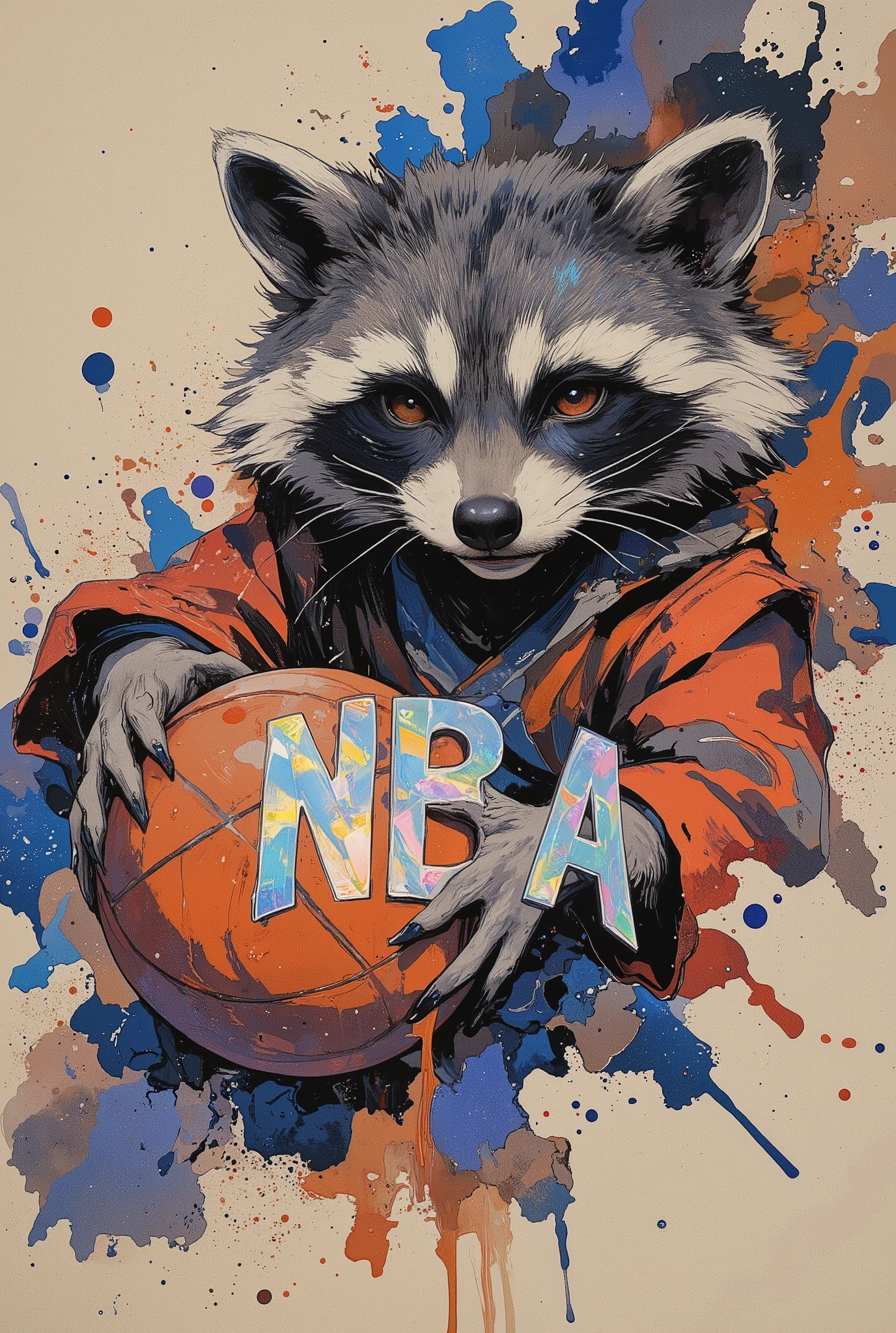 
(((article, "NBA ", Add text"NBA", holographic big font) {x},(best quality)))、(super high image quality)、(Super Detail)、(detailed description)、(Best CG ))、(masterpiece)、ArsMJStyle、(Zen ink wash painting)、raccoon , basketball