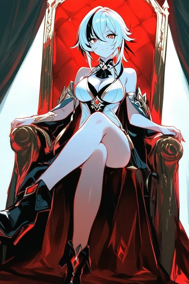 (((Solo))) Vampire woman with short white hair, (red eyes), ((wearing a black dress)), stockings, wearing a red necklace, character is wearing gloves, woman, mature, large chest, curvy hips, long legs, detailed eyes, ((sitting)), on a throne