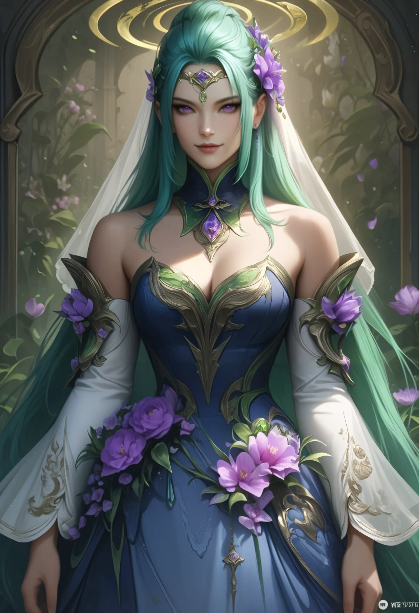 e1e1_v1, w1w1_v1, realistic,1girl, breasts, solo, large breasts, long hair, green hair, purple eyes, looking at viewer, bare shoulders, smile, upper body, cleavage, veil, hair ornament, flower, detached collar, hair flower, detached sleeves, dress, closed mouth, hair between eyes, gem, very long hair, blue dress, aqua hair, halo, circlet, strapless, sidelocks, long sleeves
