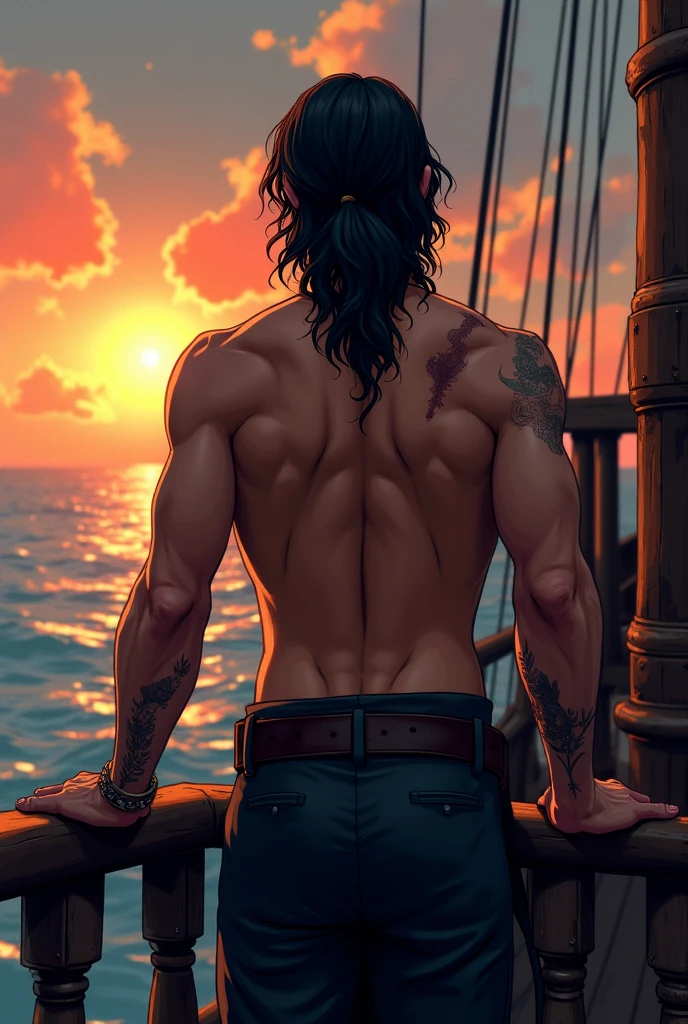 The strong muscular and handsome god Hercules kissing a tall handsome muscular Greek man wearing a fishing shirt on a ship in the middle of the sea near a reef