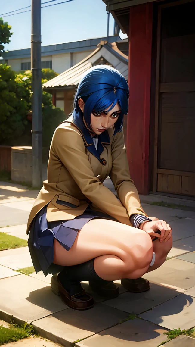 Una chica colegiada sexy Rebeca pecho enorme cabello corto azul rey su ojos verde se viste camisa blanco nudo amarrado ombligo y un falda cuadras morado y par calcetine blanco ancho y zapatos negro