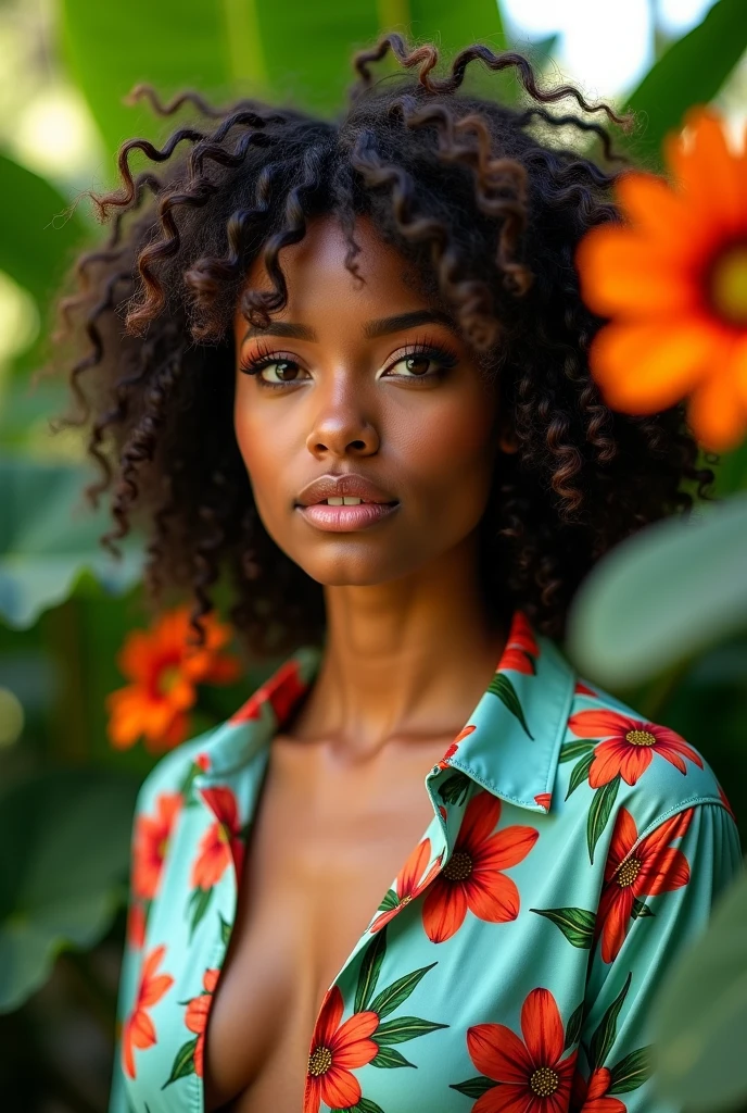 A Brazilian woman in a lush tropical garden, wearing an open shirt with a floral print, with a close-up capturing the harmonious beauty between her breasts and the natural flowers, showing off your natural charm and outgoing personality.