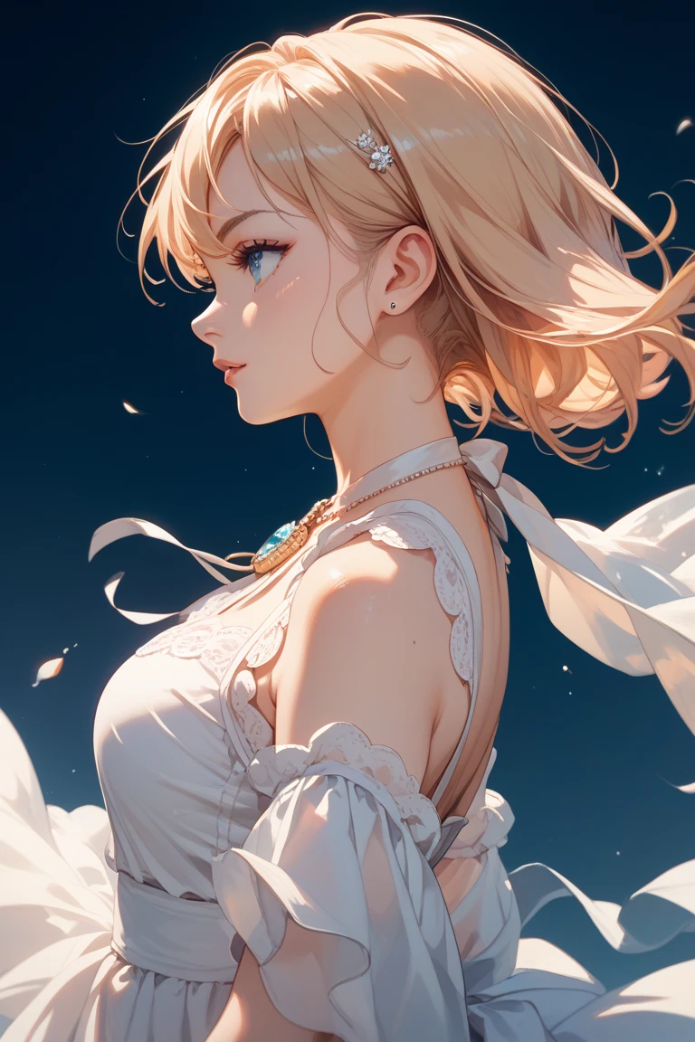 (realistic,painting_style,)mature, 1girl, solo, amelia watson, virtual youtuber,blonde hair, blue eyes, choker, flower, short hair, realistic eyes, head tilt, smug, looking_at_viewer, sky, mountain, outdoors, cloud, bangs, upper body, pink flower, collarbone, orange shirt, parted lips, lips, lace trim, smile, black choker, mountainous horizon, cloudy sky, standing, holding_flowers