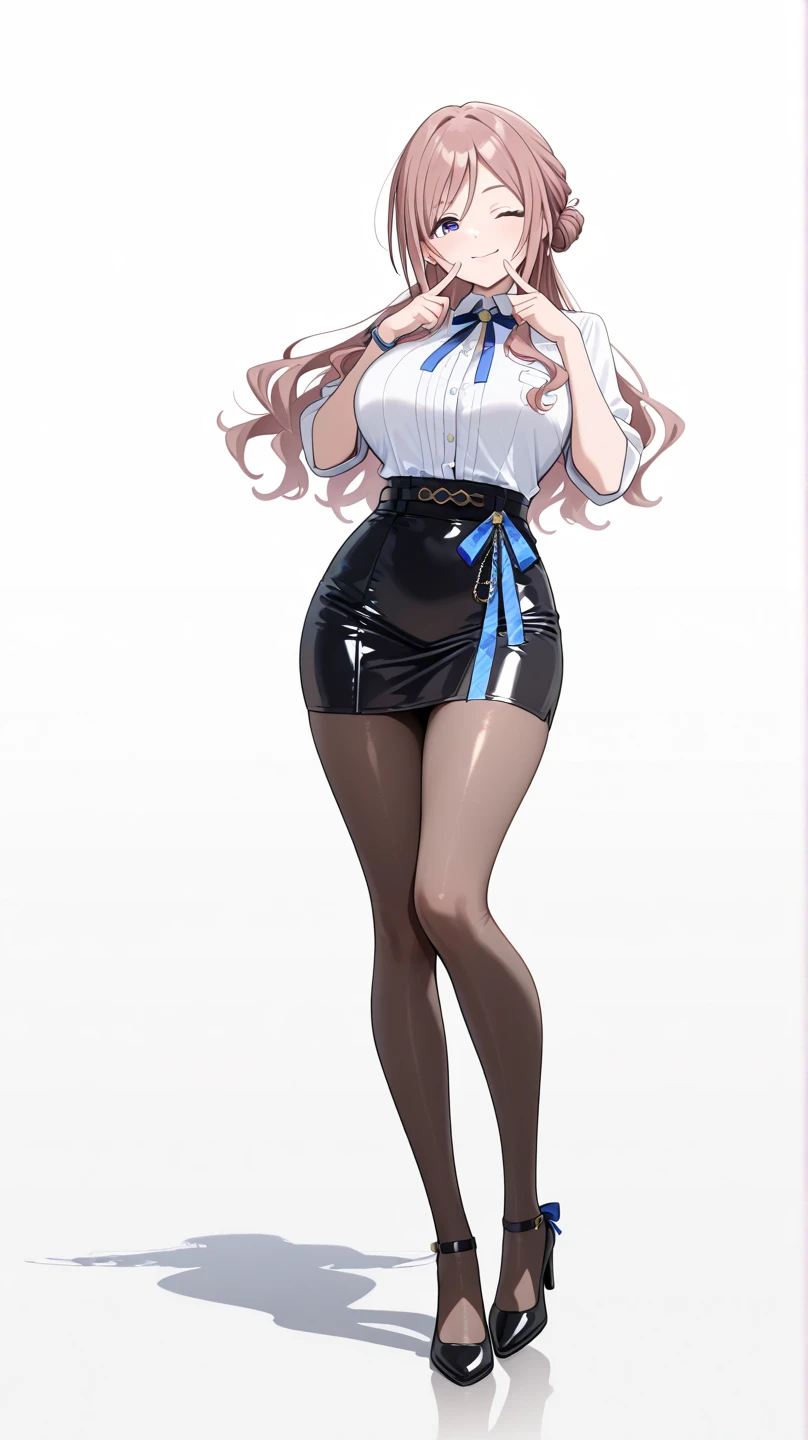 ((masterpiece, high resolution, better quality, better details)), ((Marin Kitagawa)), ((Smiling)), a girl modeling standing, mini skirt, blouse with long sleeves, ((big neckline)), ((platform high heels)), pink eyes with black outline, (light blonde hair, straight hair, straight bangs, long hair)), long nails, pink nails, (((curvy body))), shiny skin, ((side view)), solo, bare shoulders, full body, focus full body, high heels, ((White background)),