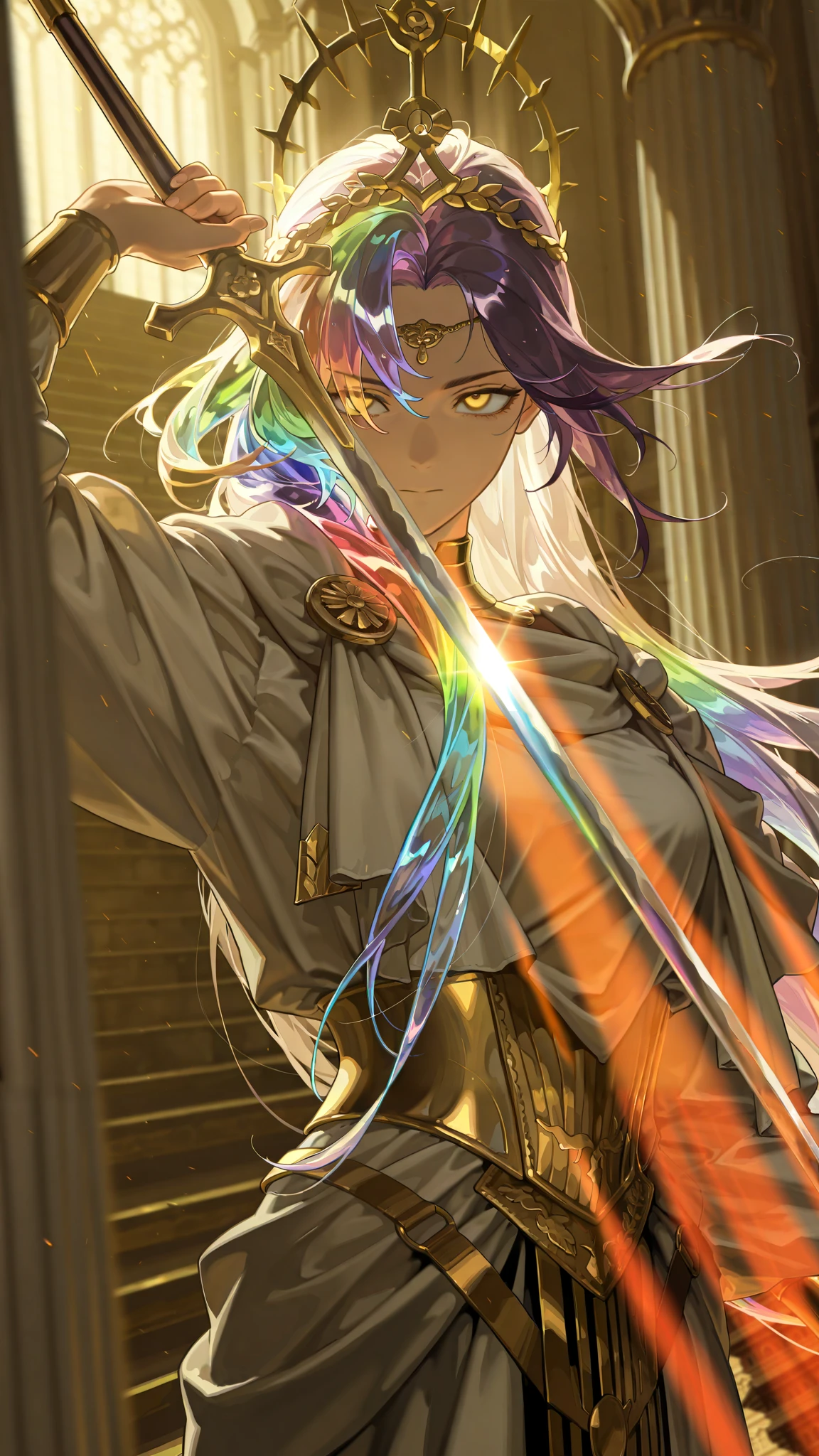 by [arknights|(748cmstyle:0.5)], god rays, cinematic shot, mature, young adult, masterpiece, best quality, amazing quality, very aesthetic, high resolution, ultra-detailed, absurdres, 1girl, solo, alone,(dynamic pose, upper body focus, three quarter view, photoshoot, modelshot, closeup shot:1.2), wielding a glass glaive, polearm, golden eyes, translucent eyes, very long hair, (prismatic hair, rainbow hair, reflective hair:1.33), purple hair, glitch art photo, golden magical circlet, ([(Aeldari armor, white power armor, streamlined armor:0.96)|ornate toga]:1.4), Queen of War, war god, renaissance french royal officer, palace fortress, fortress, the ancient city of Troy, crystal glass throneroom, crystal temple, Greek architecture, glass architecture, BREAK, depth of field, volumetric lighting 