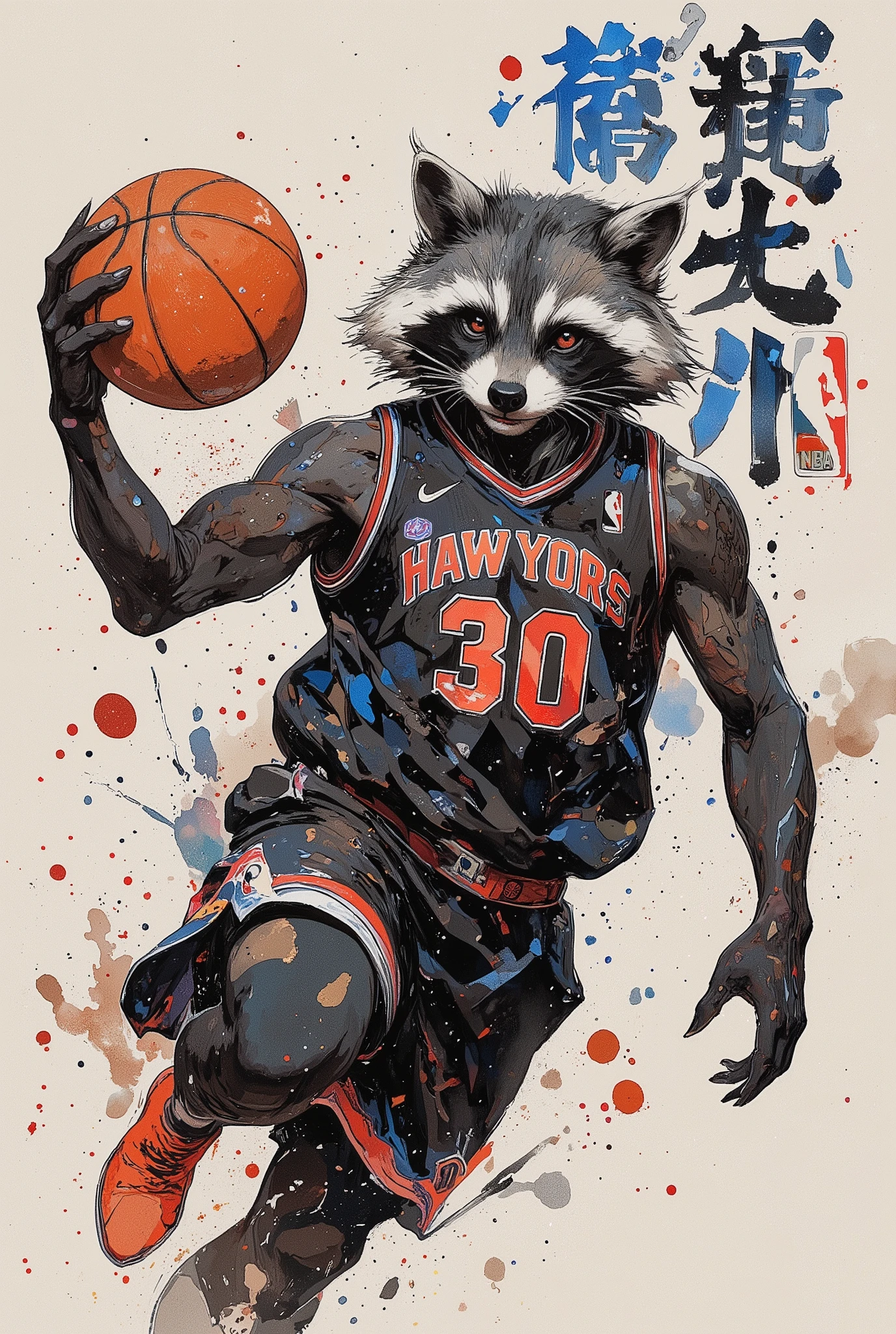 
(((article, "NBA ", Add text"NBA", holographic big font) {x},(best quality)))、(super high image quality)、(Super Detail)、(detailed description)、(Best CG ))、(masterpiece)、ArsMJStyle、(Zen ink wash painting)、raccoon , basketball