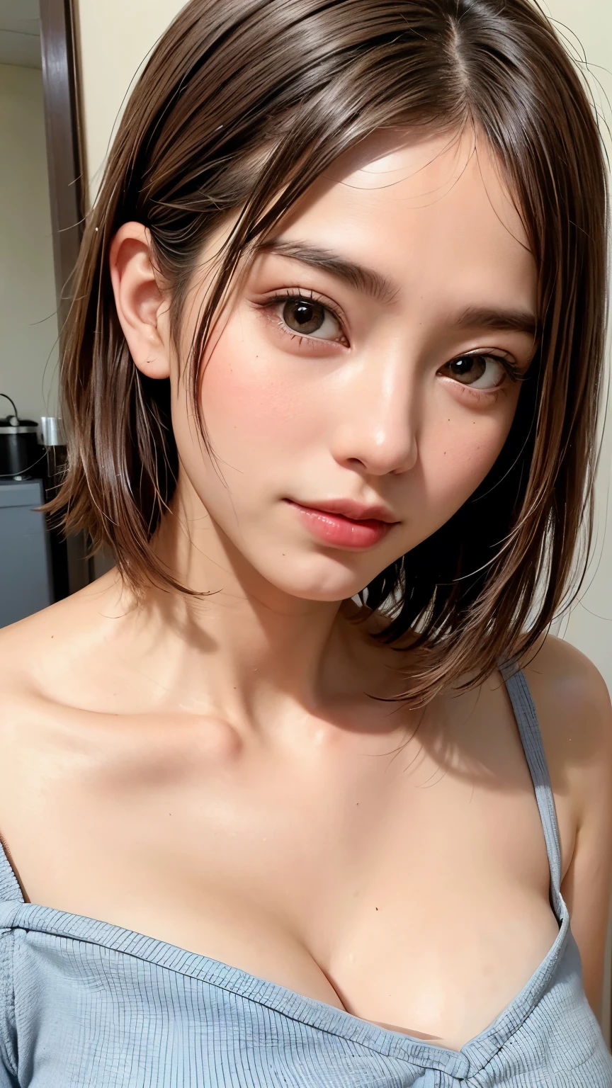 (Raw photography、top-quality)、(realisitic、Photorealsitic:1.3)、top-quality、masterpiece、extremely delicate and beautiful、A highly detailed、nffsw、A sense of unity、2k wallpaper、magnifica、Beautiful in every detail、masterpiece、浅笑、top-quality、Highly detailed ticker Unity 8K wallpapers、huge filesize、ultra-detailliert、hight resolution、ighly detailed、Female 1 Person、Slim body、D-cups、(Black Leotard Top:0.7)、(Pink skirt:1.2)、(Bun hair)、(brown haired)、Look at the front、Sharp Focus、Face Close-up、pureerosface_v1:0.8 Short Hair、Instagram、Viewer's Perspective、selfee