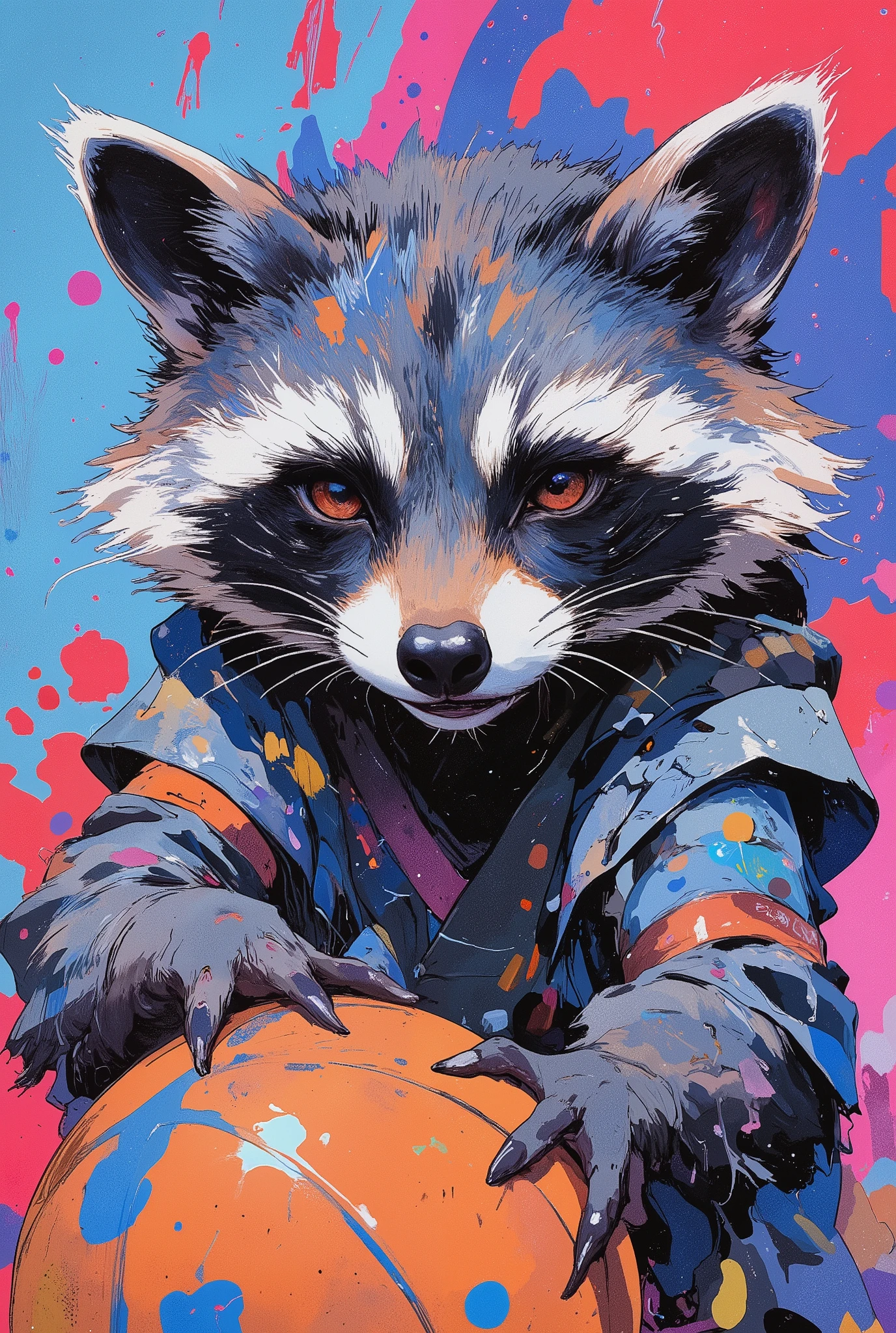 (((article, "NBA ", Add text"NBA", holographic big font) {x},(best quality)))、(super high image quality)、(Super Detail)、(detailed description)、(Best CG ))、(masterpiece)、ArsMJStyle、(Zen ink wash painting)、raccoon , basketball