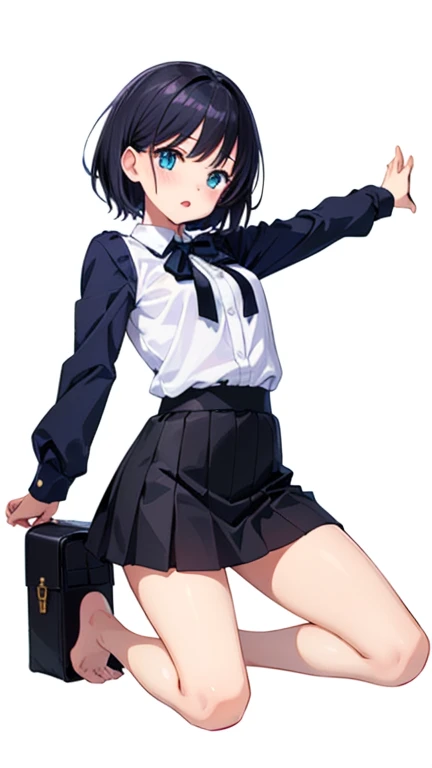 highest quality、8K、one girl,full body figure、Middle school students、very big boobs,big boobs、Naoha Kirigaya、perfect 5-fingered hands、school uniform、mini skirt、Black panties are visible、Black Panties、shy face、perfect thing、big breasts、two perfect arms、two perfect legs、detailed description、small details、detailed face、white skin、short hair、black hair、going up stairs、stairs at school、turn around、look back、Pose that emphasizes the buttocks、back view、Voluptuous legs、lift skirt、Skirt flip、?????? pose、kirigaya suguha