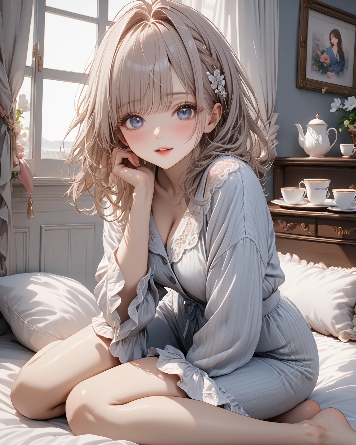 (masterpiece:1.2, Highest quality), (Realistic, photoRealistic:1.4), Beautiful illustrations, (Natural Side Lighting, Cinema Lighting), 
View your viewers, whole body, 1 person, Japanese, high school girl, Perfect Face, Cute and symmetrical face, Glowing Skin, Baby Face, 
(Mid-length hair, One-sided tail:1.2, Light blonde hair), Braided bangs, Asymmetrical bangs, Heart Eyes, (Middle chest, Captivating thighs, Big Ass), Beautiful Hair, Beautiful Face, Beautiful attention to detail, Beautiful clavicle, Beautiful body, Beautiful breasts, Beautiful thighs, Beautiful feet, Beautiful fingers, 
((abdomen, Long sleeve, Off-the-shoulder sweater, bottomless, Knee socks)), Sheer white panties, 
(Beautiful views), evening, Modern Room, Sitting bed, Spread your legs, (Cute smile, Upward glance),Erect nipples、Eyes are hearts、Fatty face、Ahegao、Begging for insertion