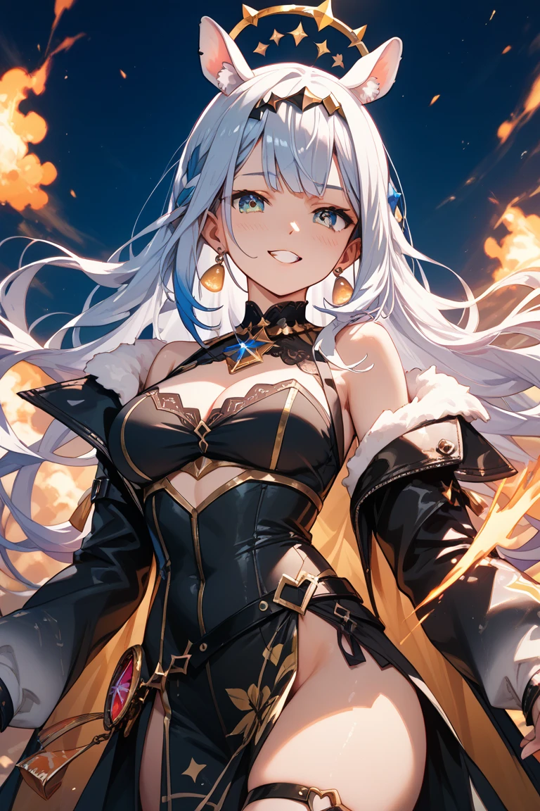 masterpiece, High resolution, accurate, Anatomically correct, most high quality, Very detailed, high quality, Ultra high definition, Big Tits Earrings, Sparkling eyes, Cowboy Shot, moving line, Speed Line, Mage,sexy pose,(((honkai impact))),herrscher of thunder