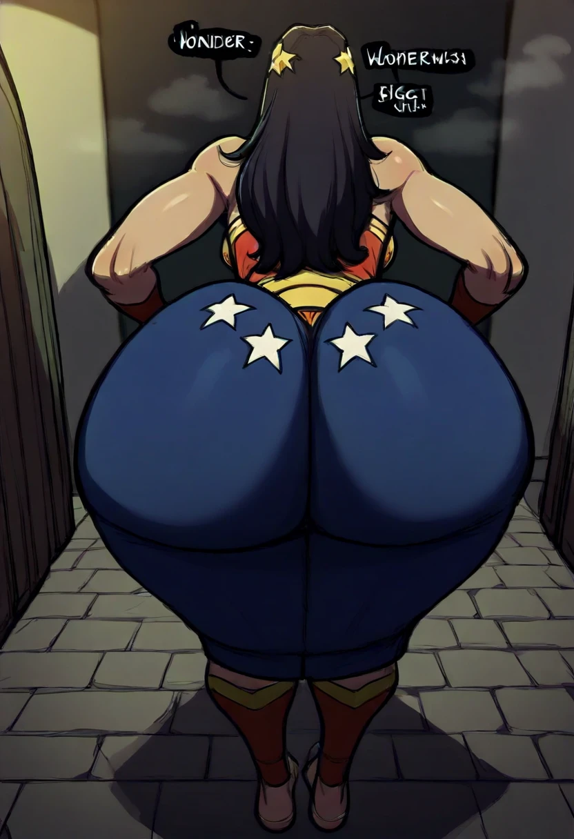 samdoesarts, masterpiece, best quality, realism, tone mapping, ray tracing, smooth light, HQ, 35mm - 85mm focal length, absurdres, ass, huge ass, thighs, large thighs,fat thighs,thick thighs,big thighs,thunder thighs,butt crack, curvy,fat,plump, undersized clothes, wide hips, skin tight, ass support, tight,huge ass,narrow waist,waif-like body,cellulite,1girl, bare shoulders, blue eyes, breasts, cleavage, dc comics, highres, knight4princess, lipstick, long hair, looking at viewer, makeup, revealing clothes, solo, solo focus, temaeya utsurou, thighs, wide hips, wonder woman, wonder woman (series)